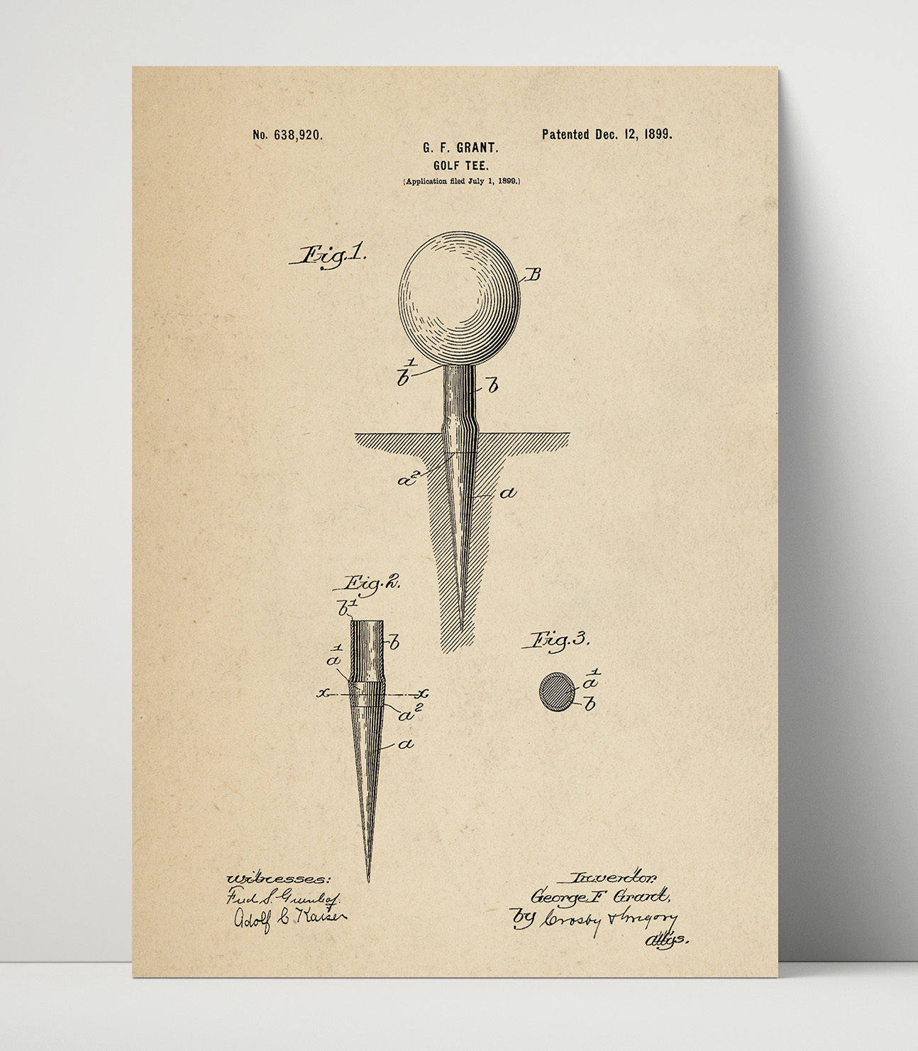 Patent Print - Golf Tee - George F Grant - 1899 - Patent 638920 Patent Wall Art