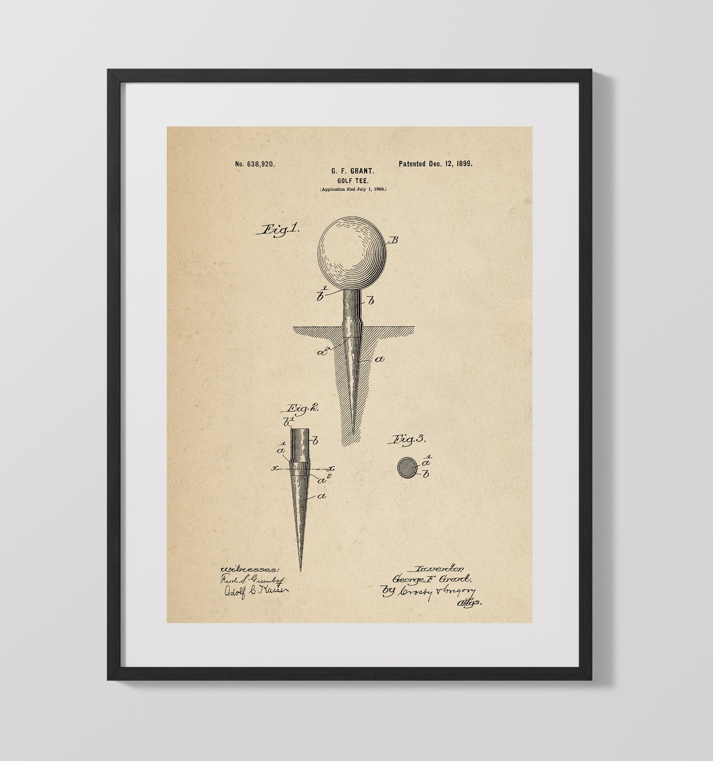 Patent Print - Golf Tee - George F Grant - 1899 - Patent 638920 Patent Wall Art