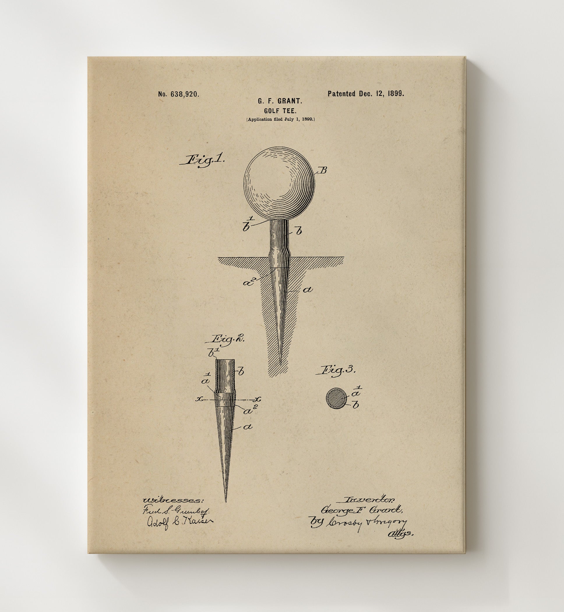 Patent Print - Golf Tee - George F Grant - 1899 - Patent 638920 Patent Wall Art