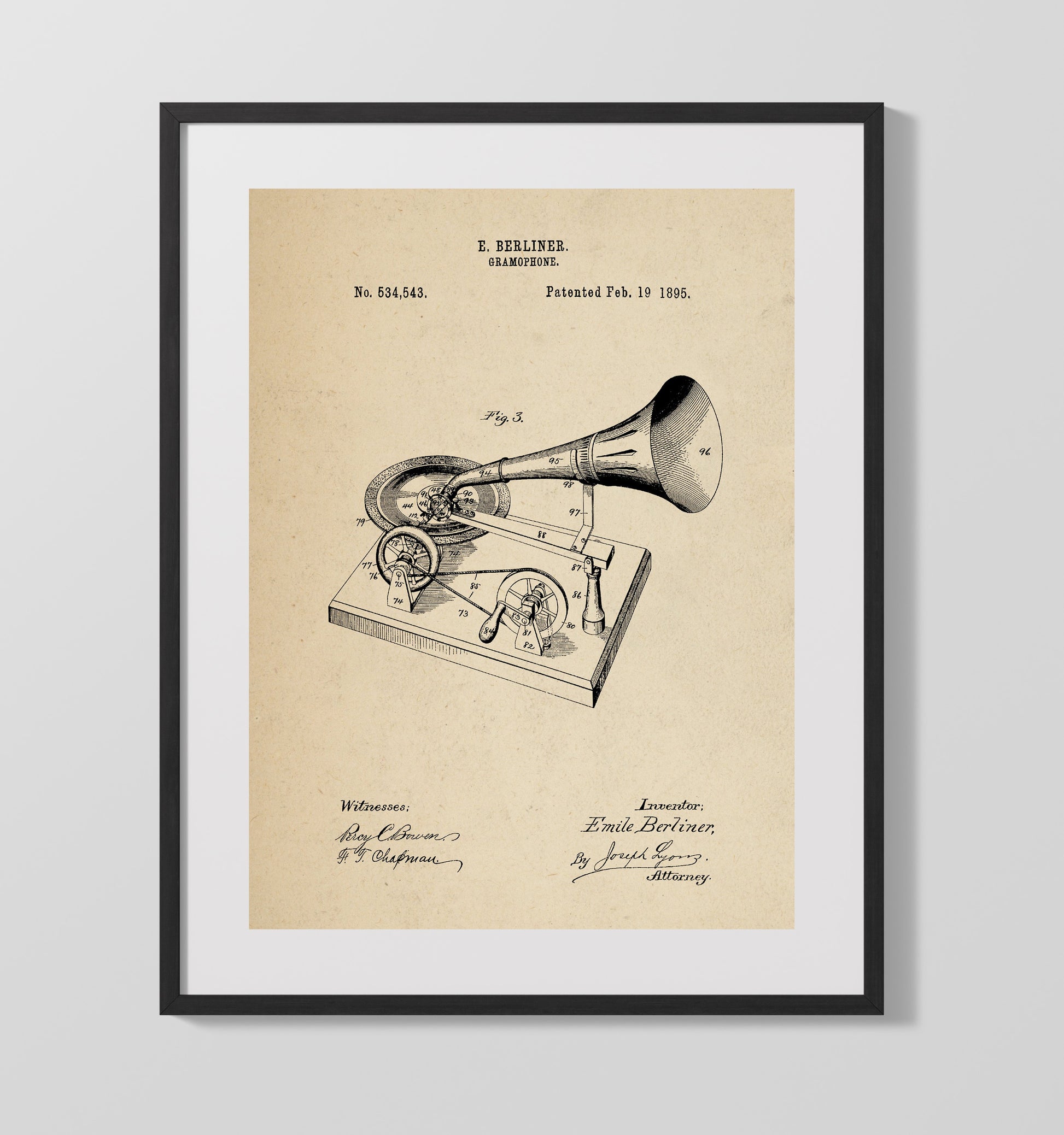 Patent Print - Gramophone - Emile Berliner - 1895 - Patent 534543 Patent Wall Art