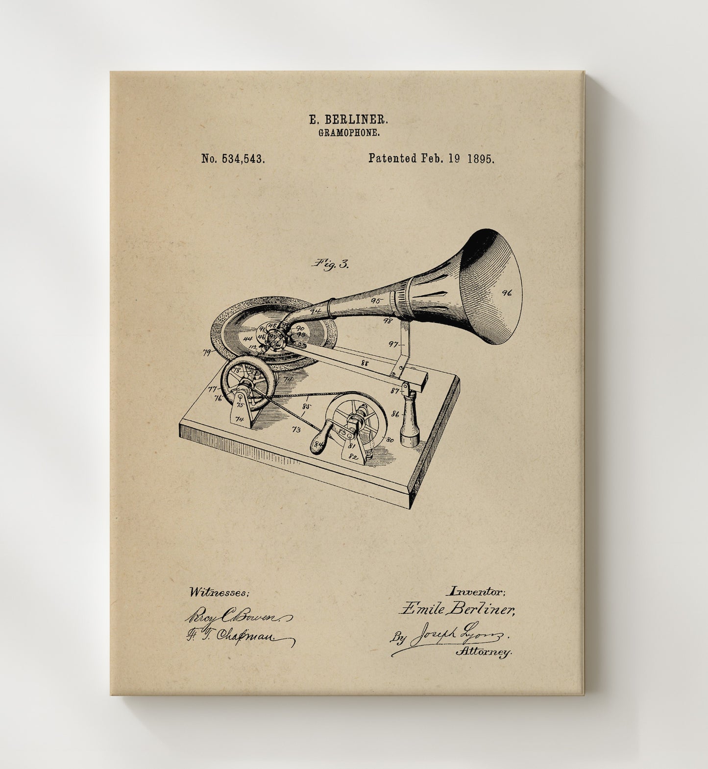 Patent Print - Gramophone - Emile Berliner - 1895 - Patent 534543 Patent Wall Art