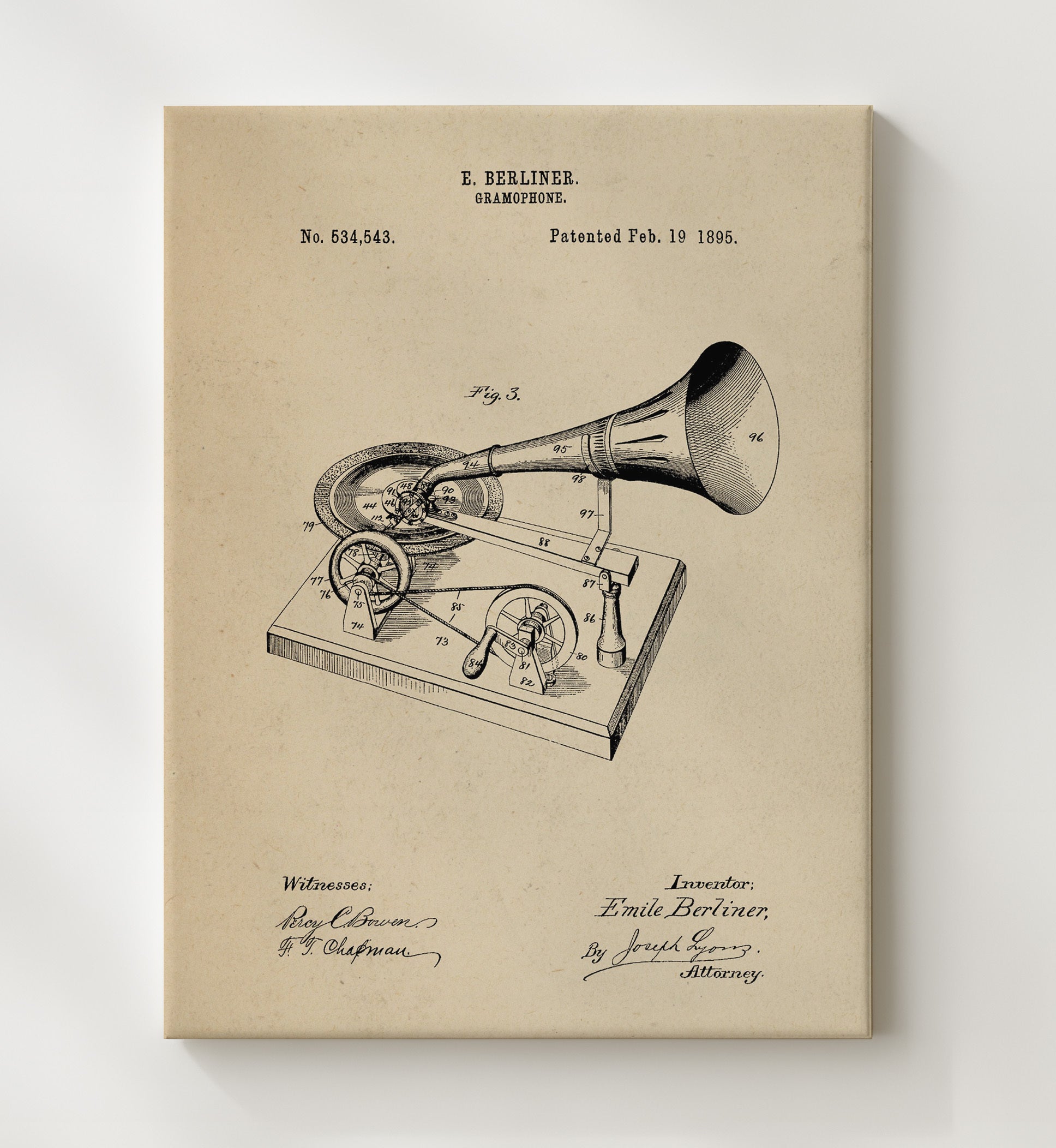 Patent Print - Gramophone - Emile Berliner - 1895 - Patent 534543 Patent Wall Art