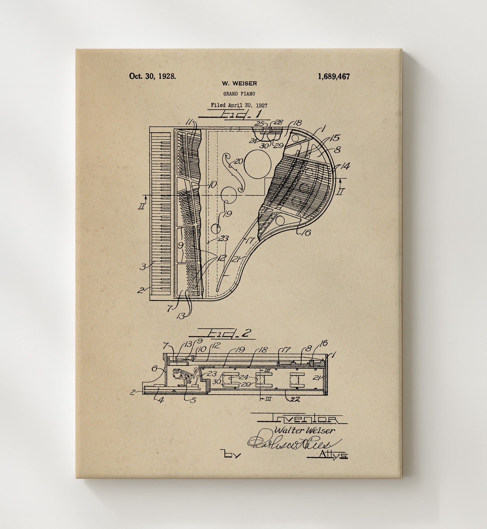 Patent Print - Grand Piano - Walter Weiser - 1928 - Patent 1689467 Patent Wall Art