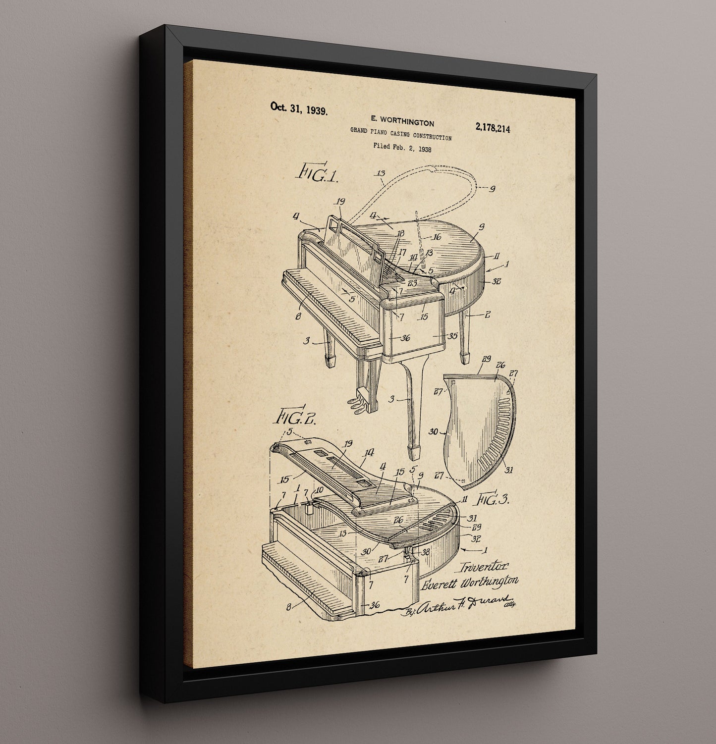 Patent Print - Grand Piano Casing - Everett Worthington - 1939 - Patent 2178214 Patent Wall Art