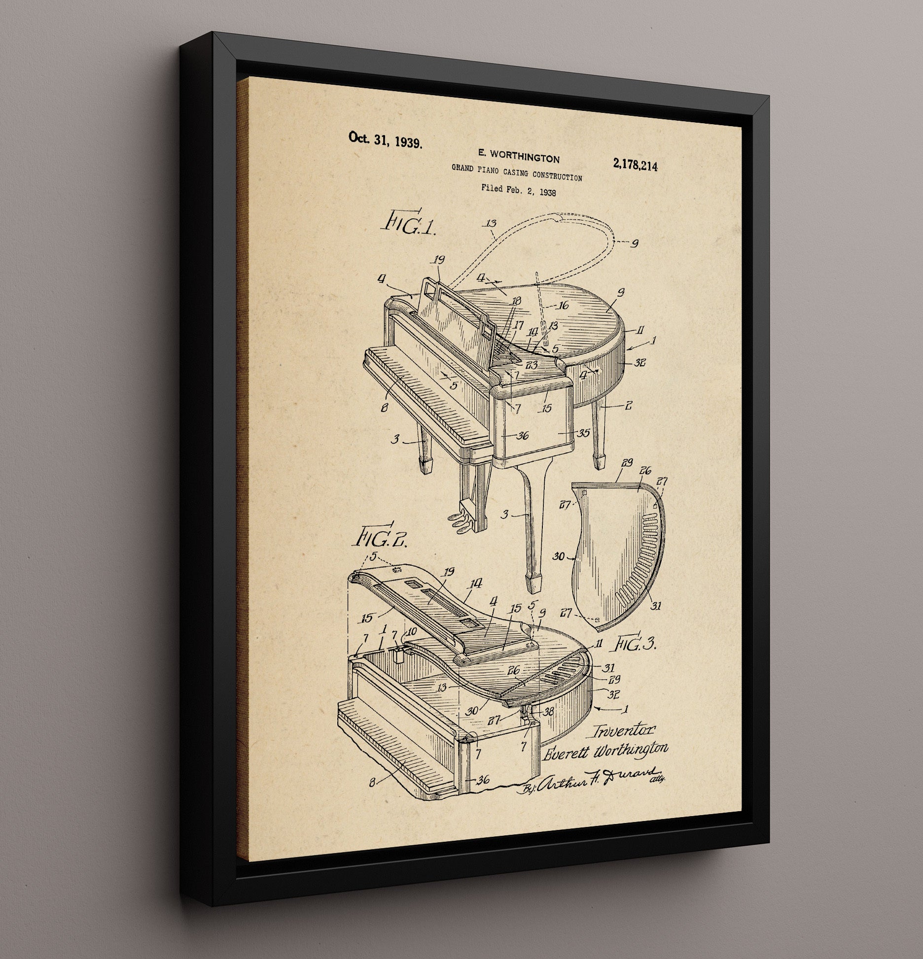 Patent Print - Grand Piano Casing - Everett Worthington - 1939 - Patent 2178214 Patent Wall Art