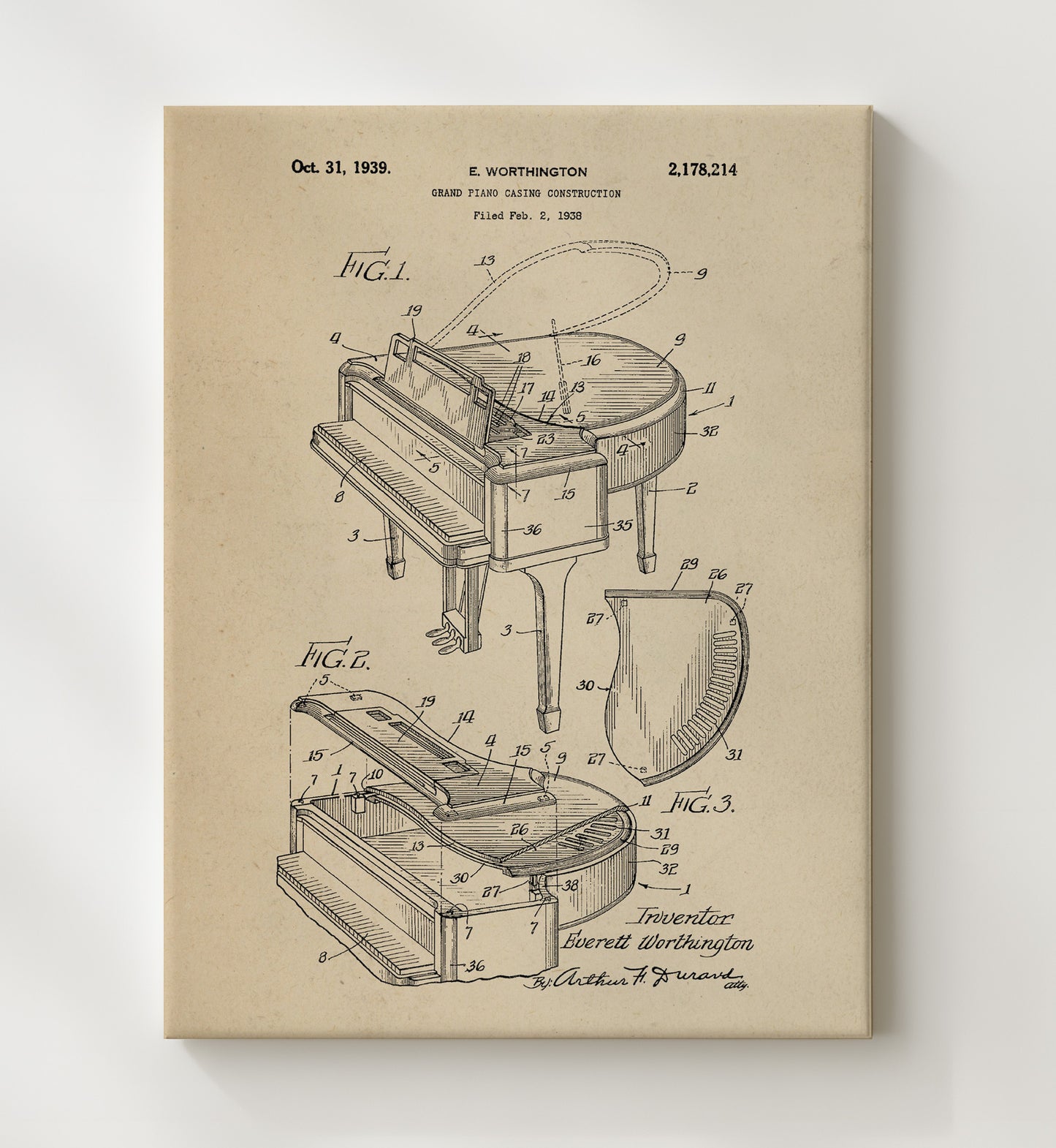 Patent Print - Grand Piano Casing - Everett Worthington - 1939 - Patent 2178214 Patent Wall Art
