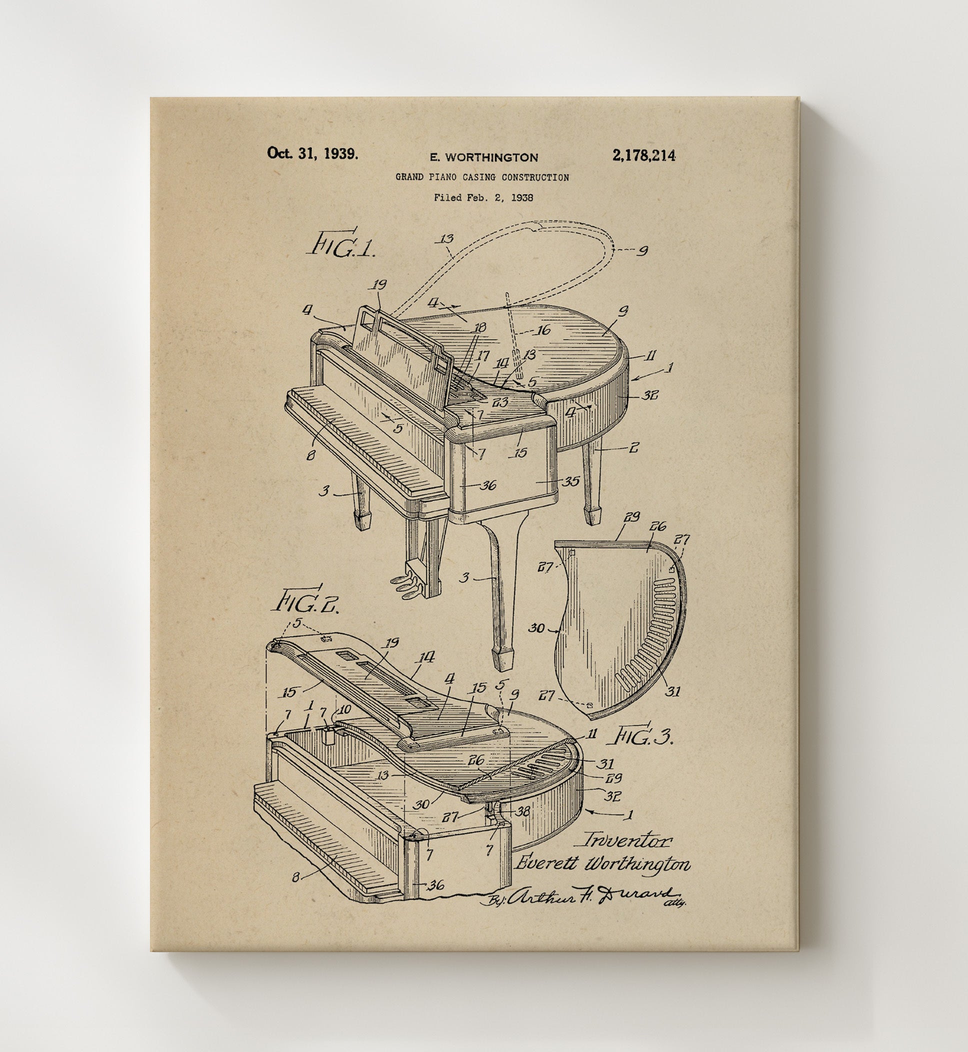 Patent Print - Grand Piano Casing - Everett Worthington - 1939 - Patent 2178214 Patent Wall Art