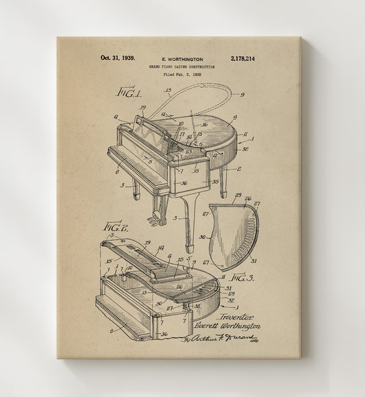 Grand Piano Casing 1939 patent print wall art 8x10 Canvas