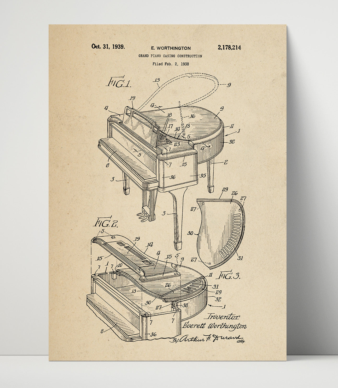 Patent Print - Grand Piano Casing - Everett Worthington - 1939 - Patent 2178214 Patent Wall Art