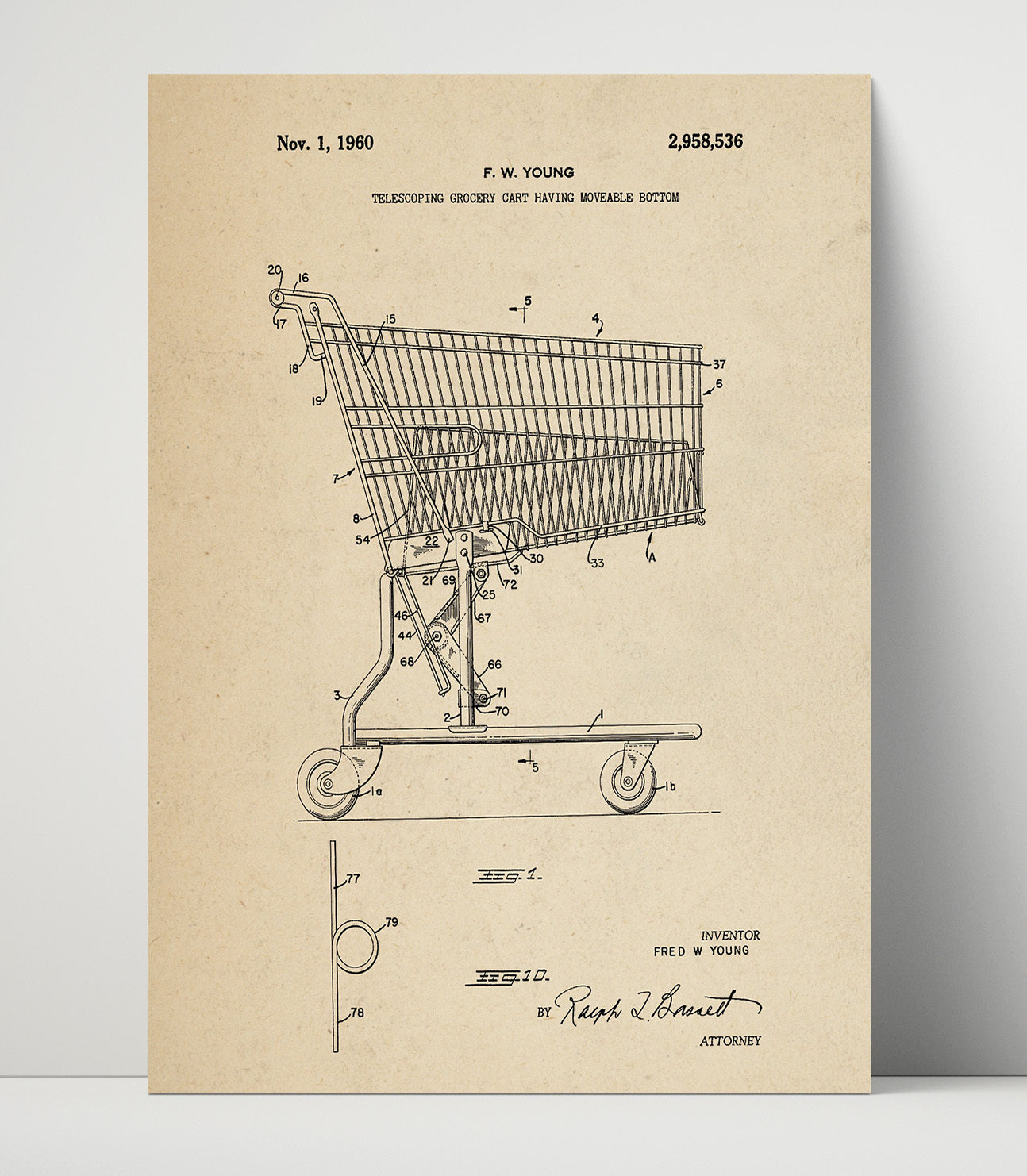 Patent Print - Grocery Cart - Fred W Young - 1960 - Patent 2958536 Patent Wall Art