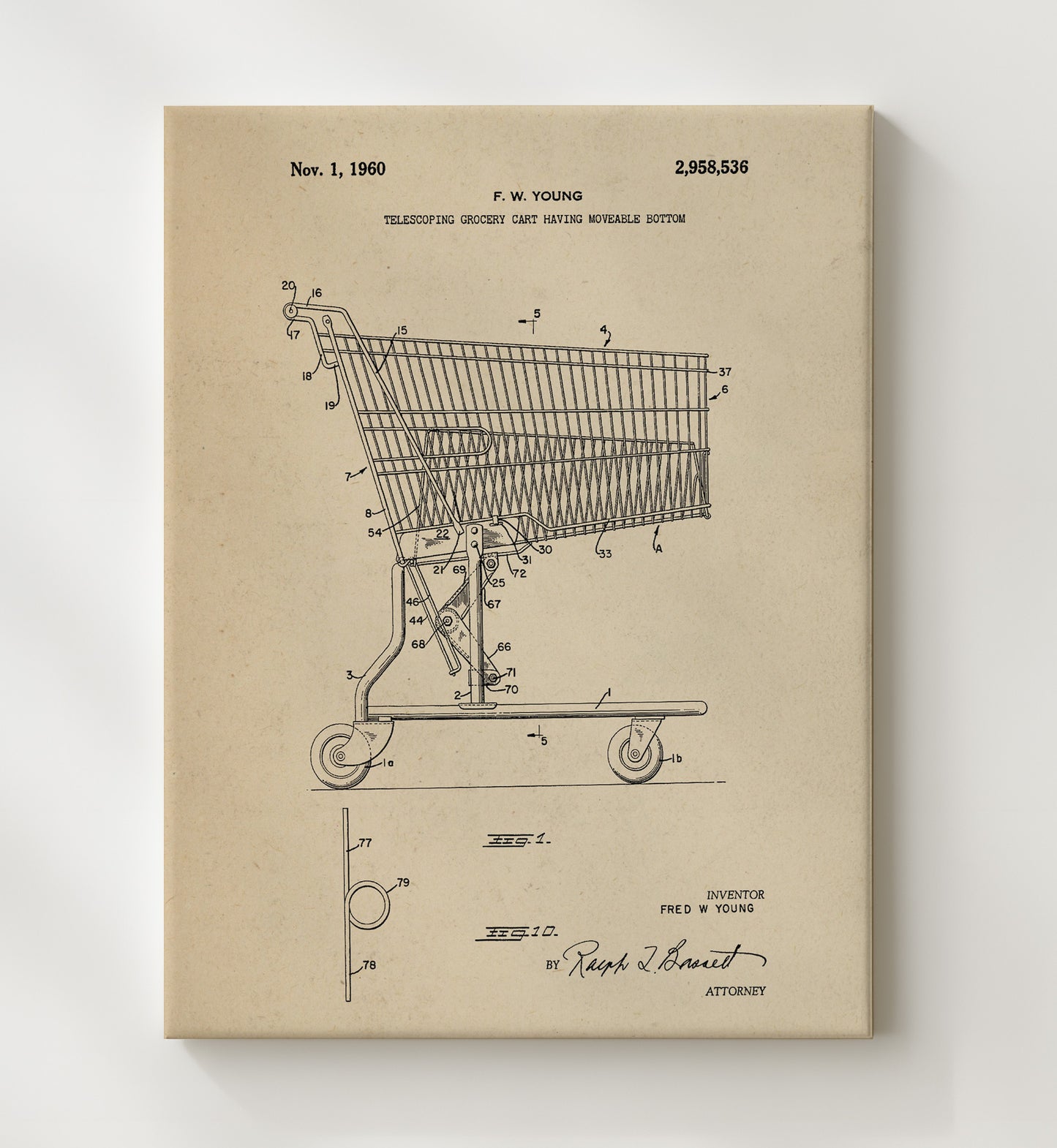 Patent Print - Grocery Cart - Fred W Young - 1960 - Patent 2958536 Patent Wall Art