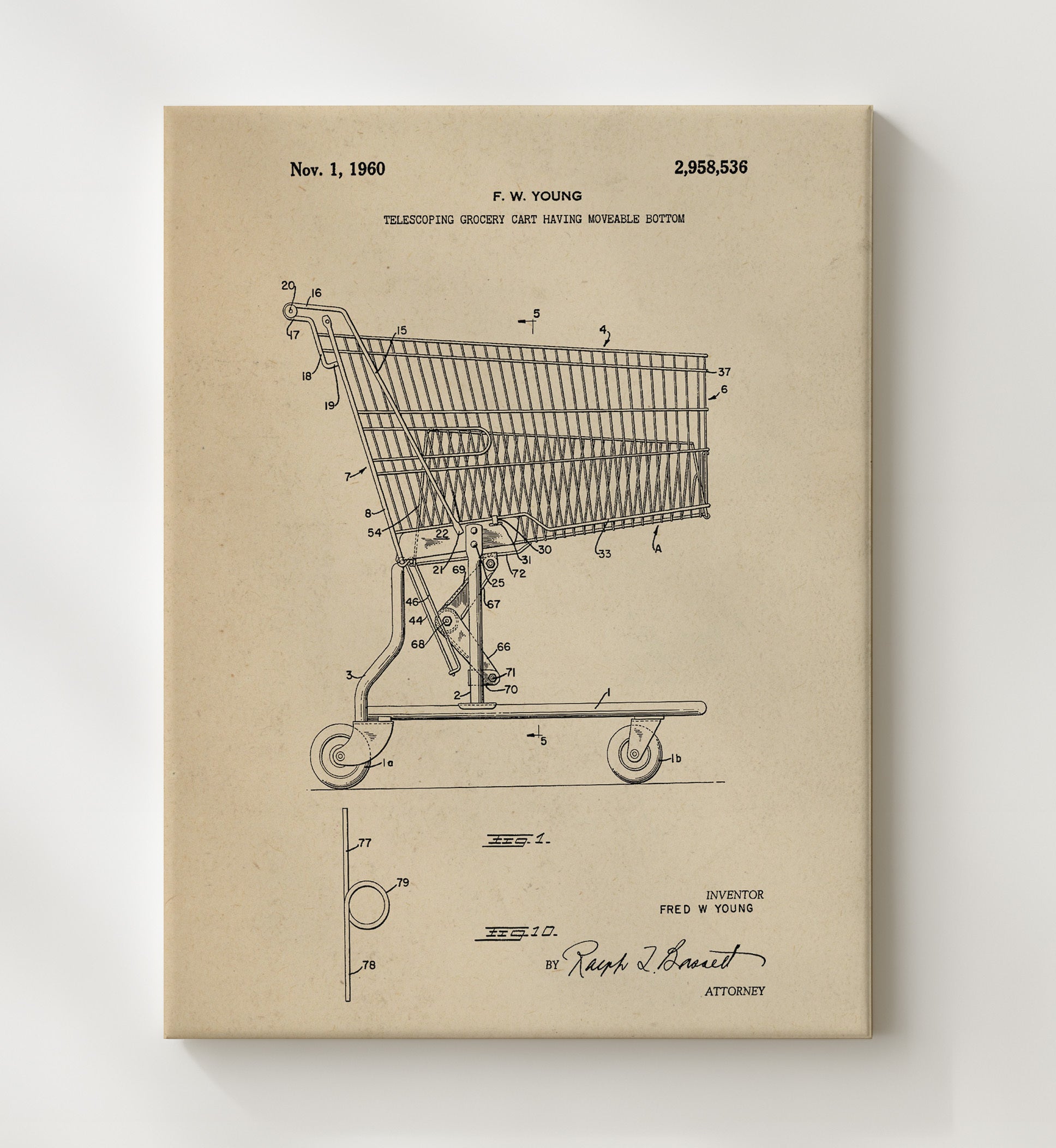 Patent Print - Grocery Cart - Fred W Young - 1960 - Patent 2958536 Patent Wall Art