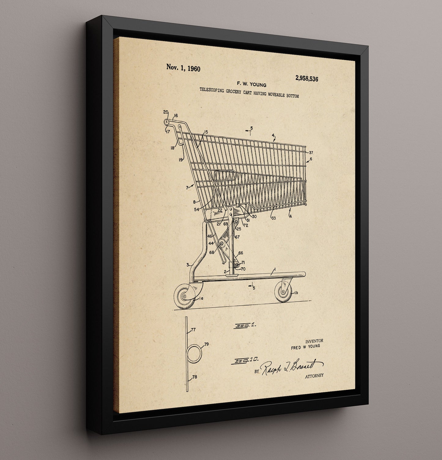 Patent Print - Grocery Cart - Fred W Young - 1960 - Patent 2958536 Patent Wall Art