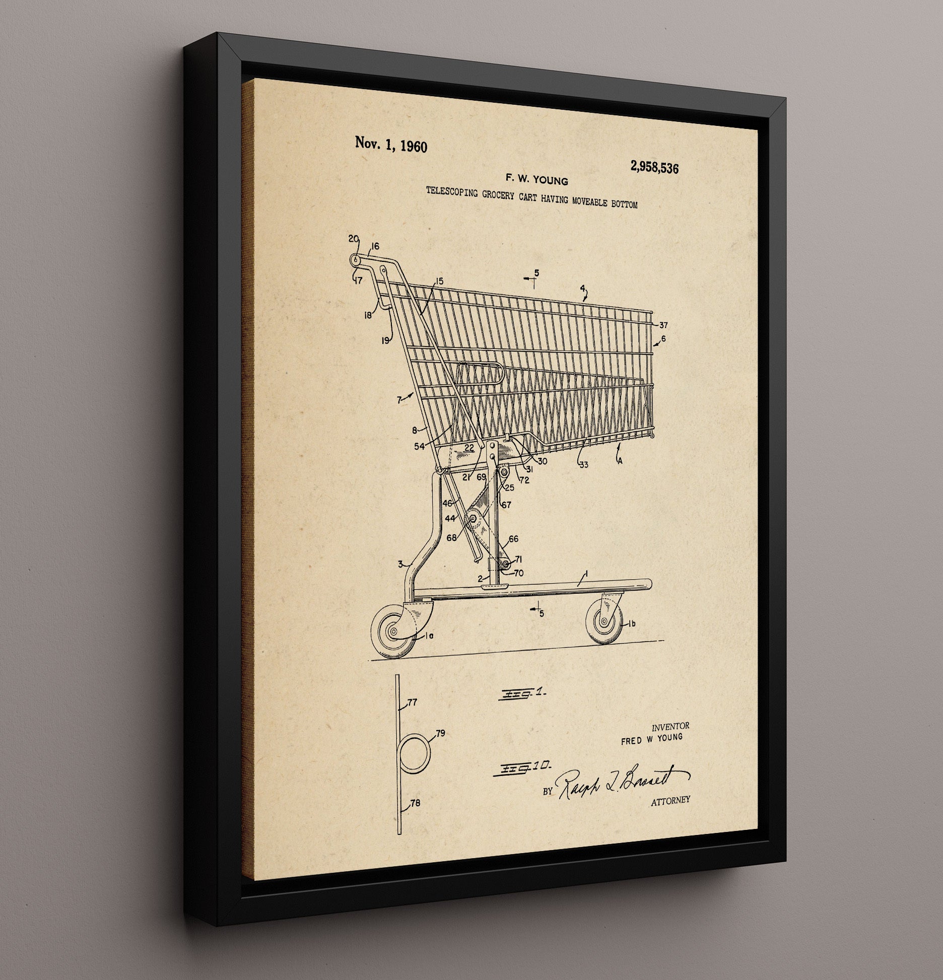 Patent Print - Grocery Cart - Fred W Young - 1960 - Patent 2958536 Patent Wall Art