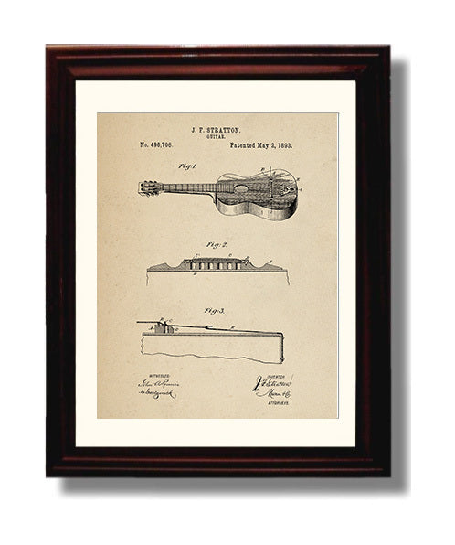 Patent Print - Guitar - J. F. Stratton - 1893 - Patent 496706 Patent Wall Art