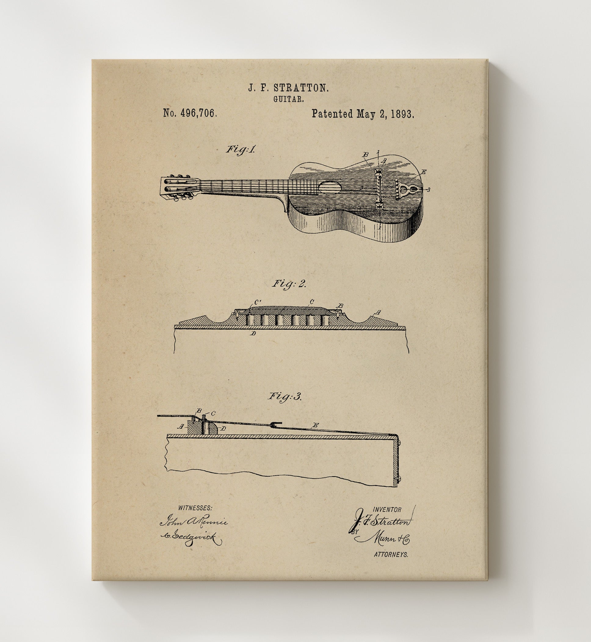 Patent Print - Guitar - J. F. Stratton - 1893 - Patent 496706 Patent Wall Art