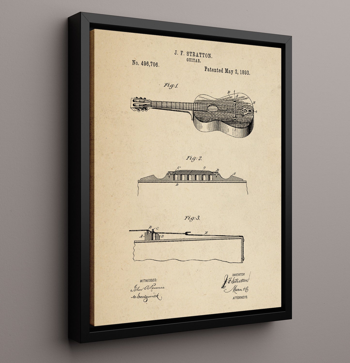 Patent Print - Guitar - J. F. Stratton - 1893 - Patent 496706 Patent Wall Art