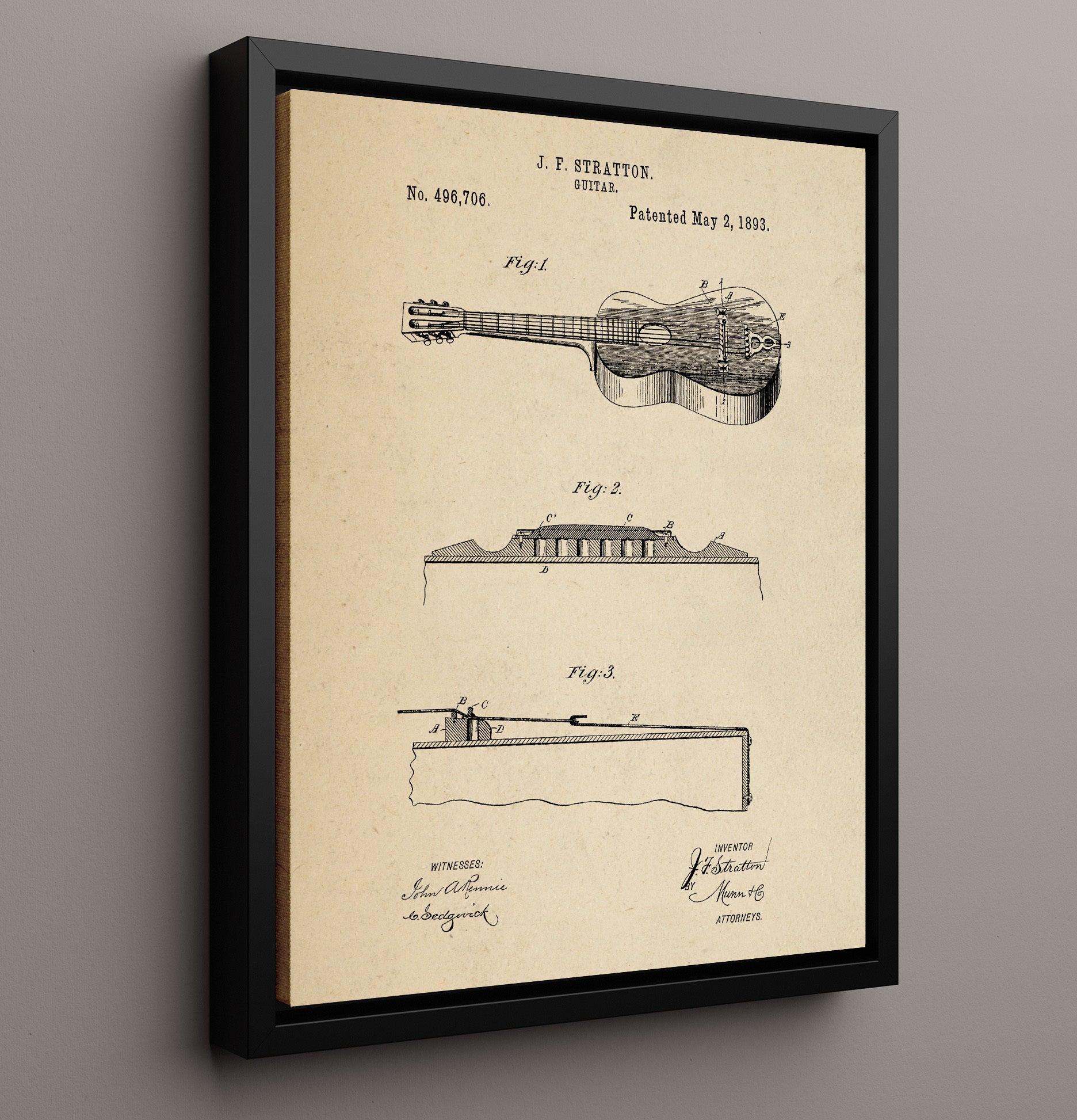 Patent Print - Guitar - J. F. Stratton - 1893 - Patent 496706 Patent Wall Art