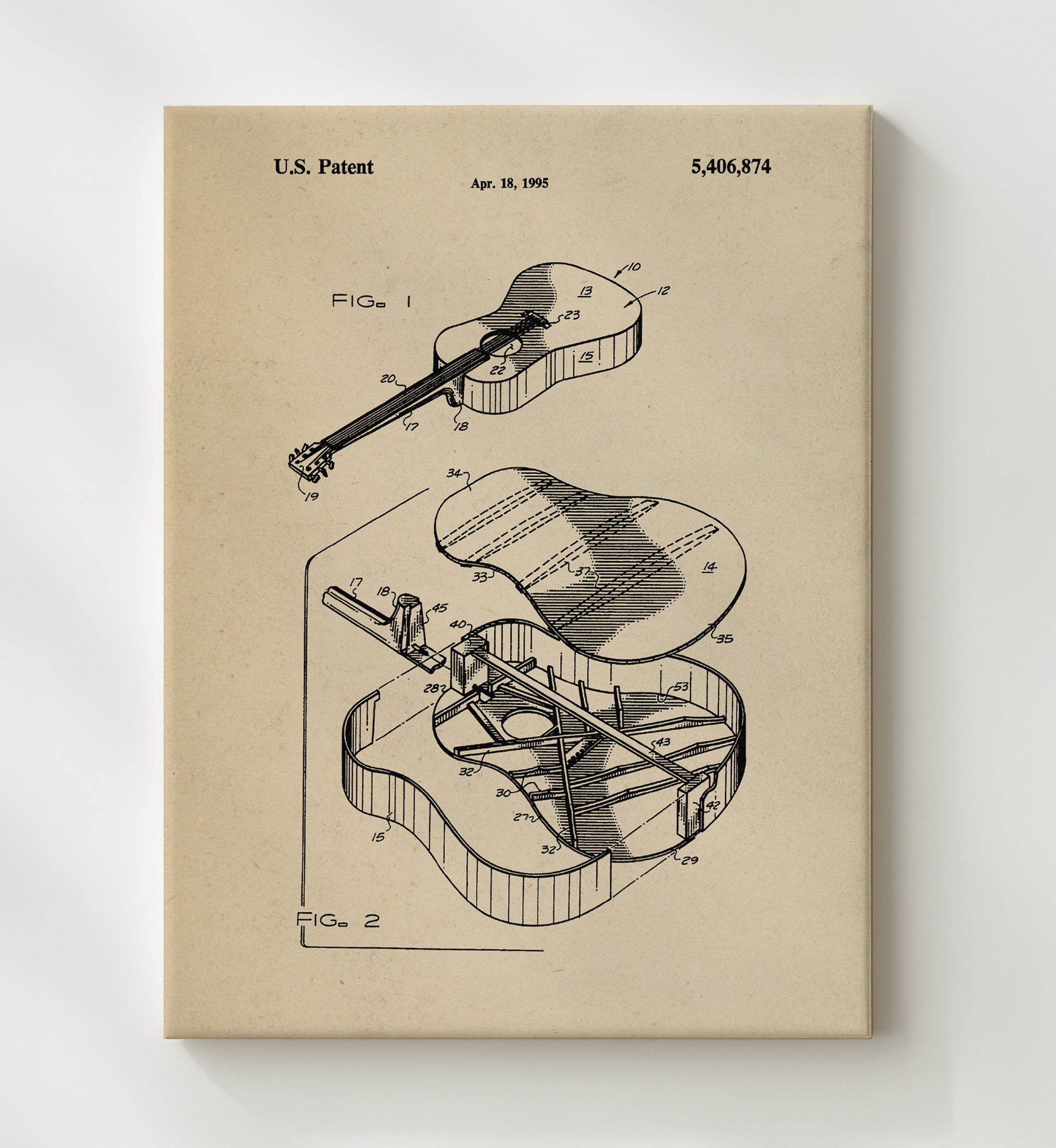 Patent Print - Guitar Body Construction - Unknown Inventor - 1995 - Patent 5406874 Patent Wall Art