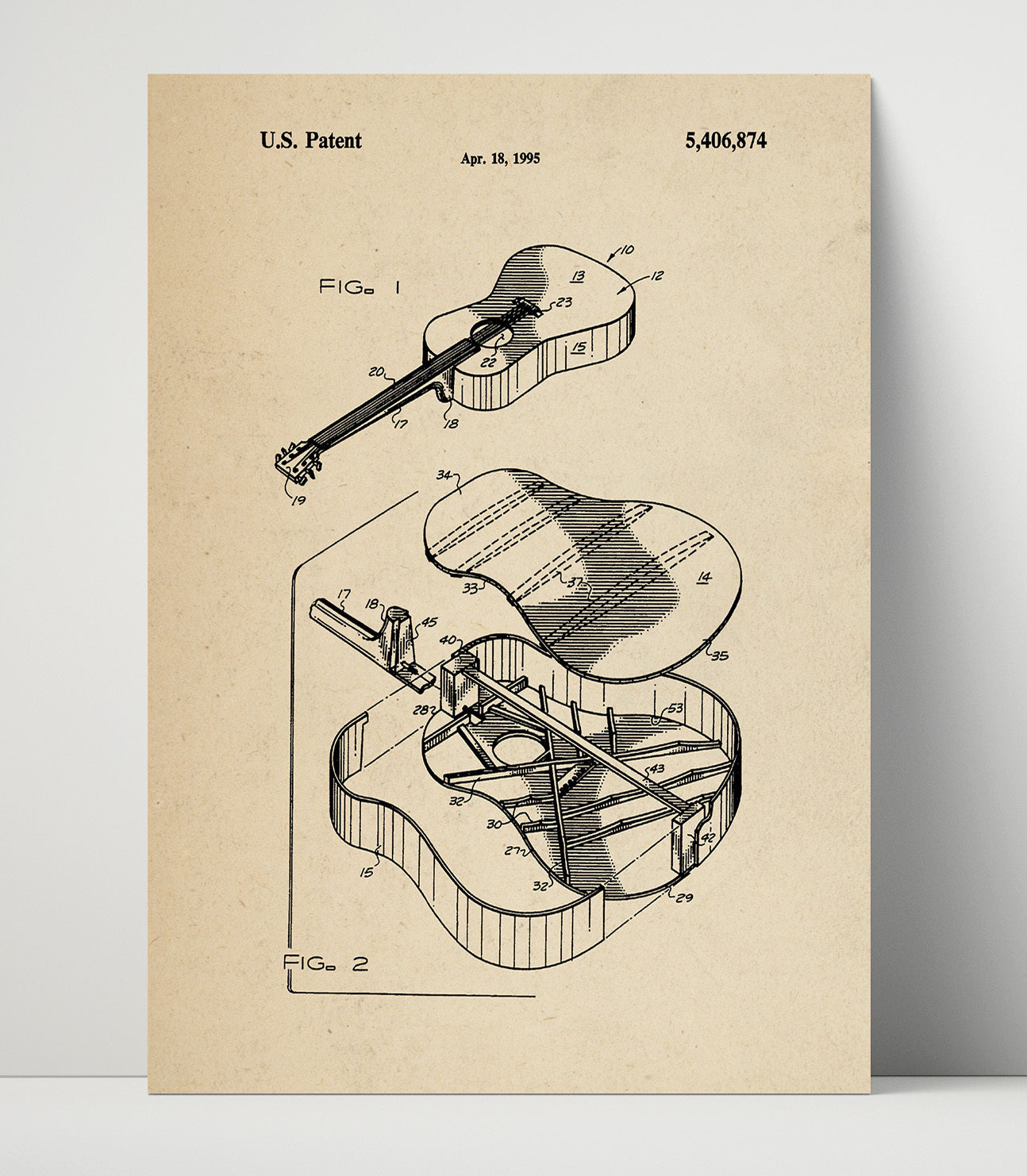 Patent Print - Guitar Body Construction - Unknown Inventor - 1995 - Patent 5406874 Patent Wall Art
