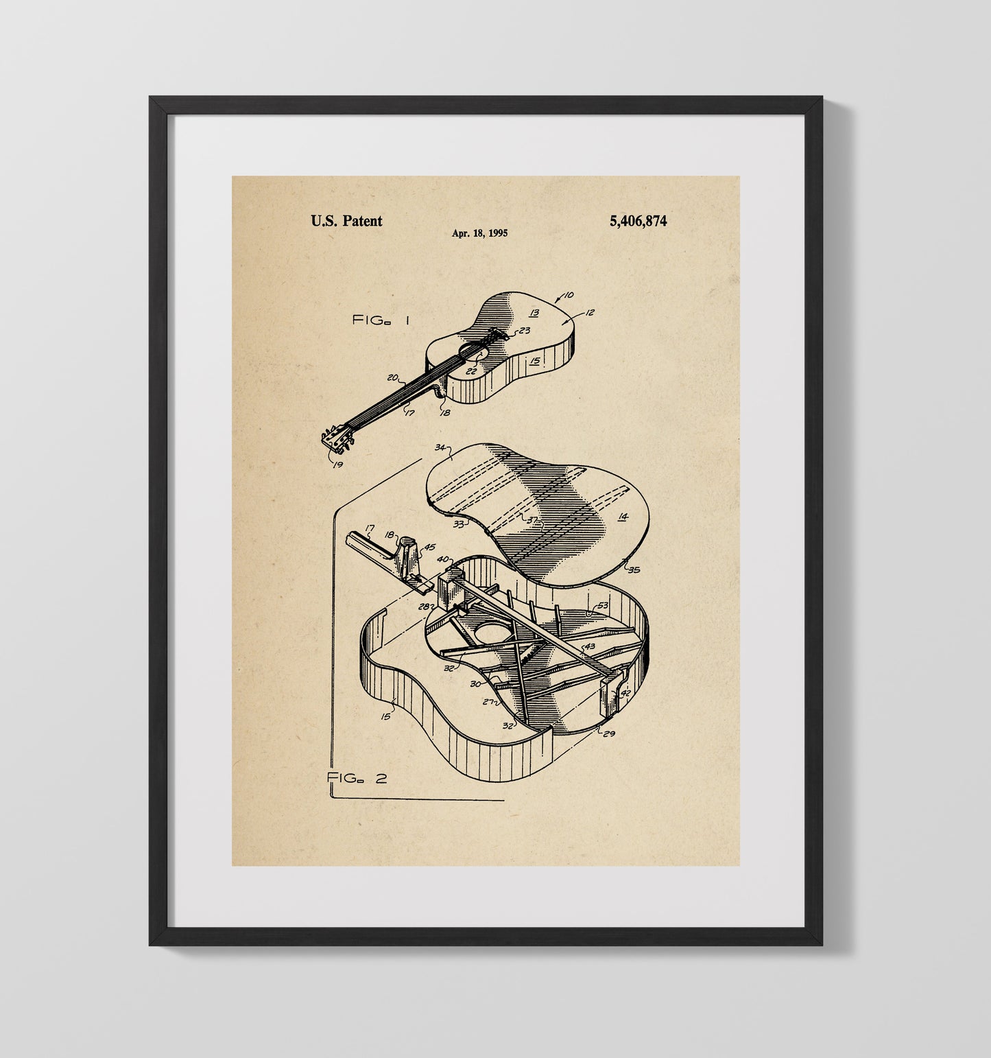 Patent Print - Guitar Body Construction - Unknown Inventor - 1995 - Patent 5406874 Patent Wall Art