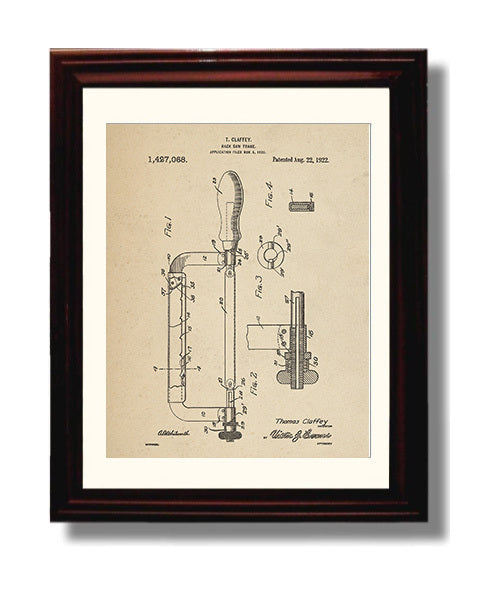 Patent Print - Hack Saw Frame - T. Claffey - 1922 - Patent 1427068 Patent Wall Art