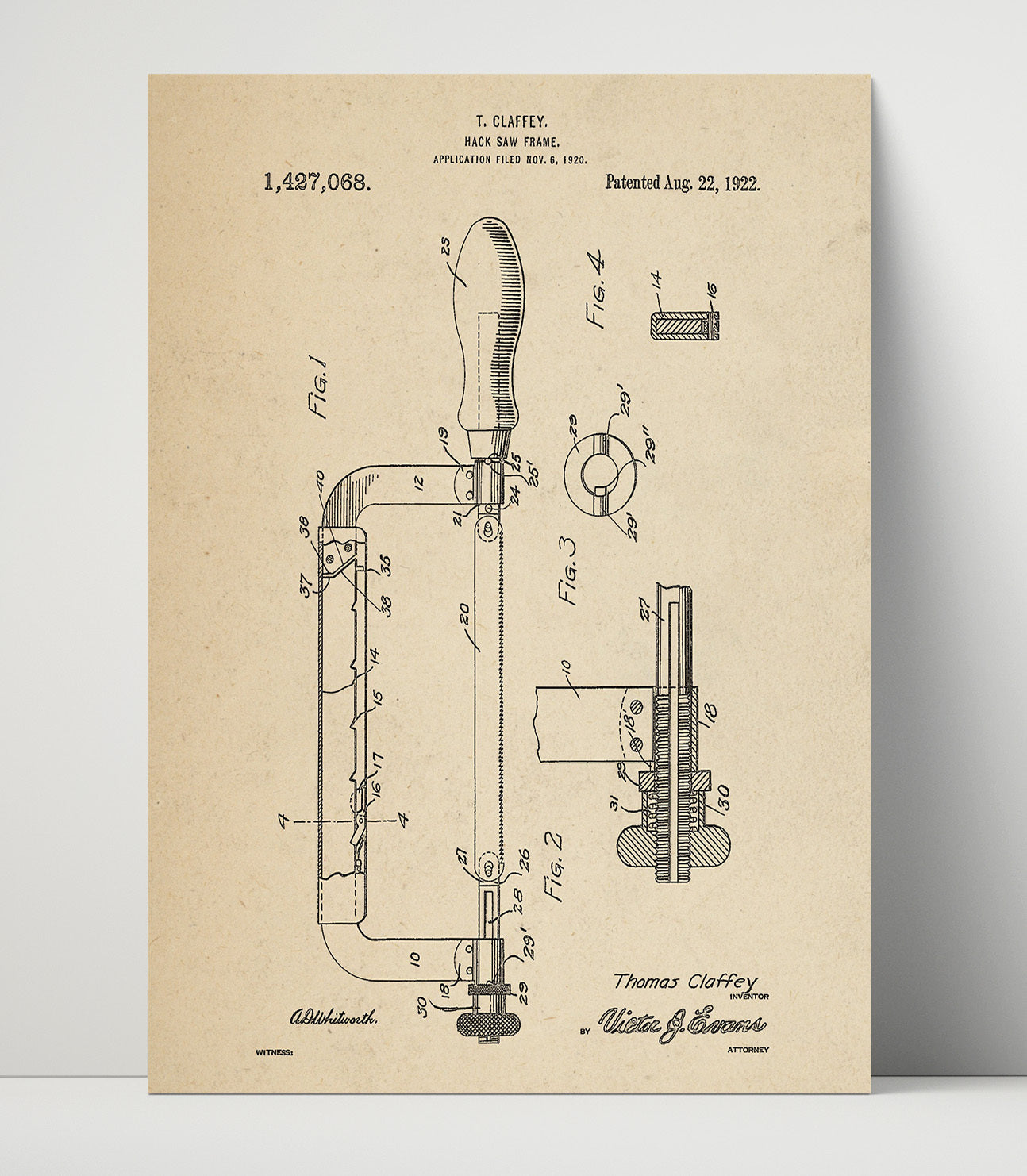 Patent Print - Hack Saw Frame - T. Claffey - 1922 - Patent 1427068 Patent Wall Art