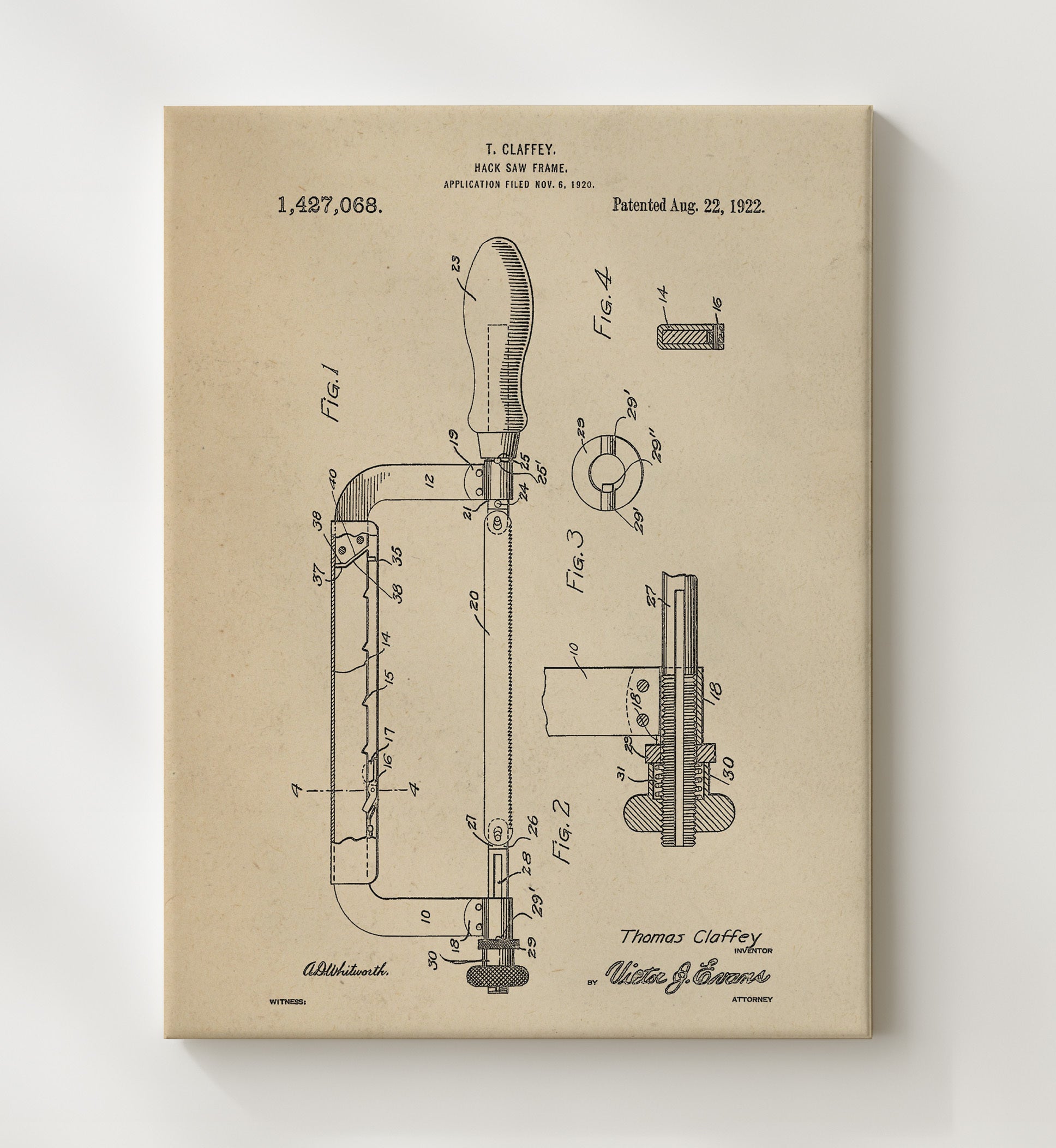 Patent Print - Hack Saw Frame - T. Claffey - 1922 - Patent 1427068 Patent Wall Art