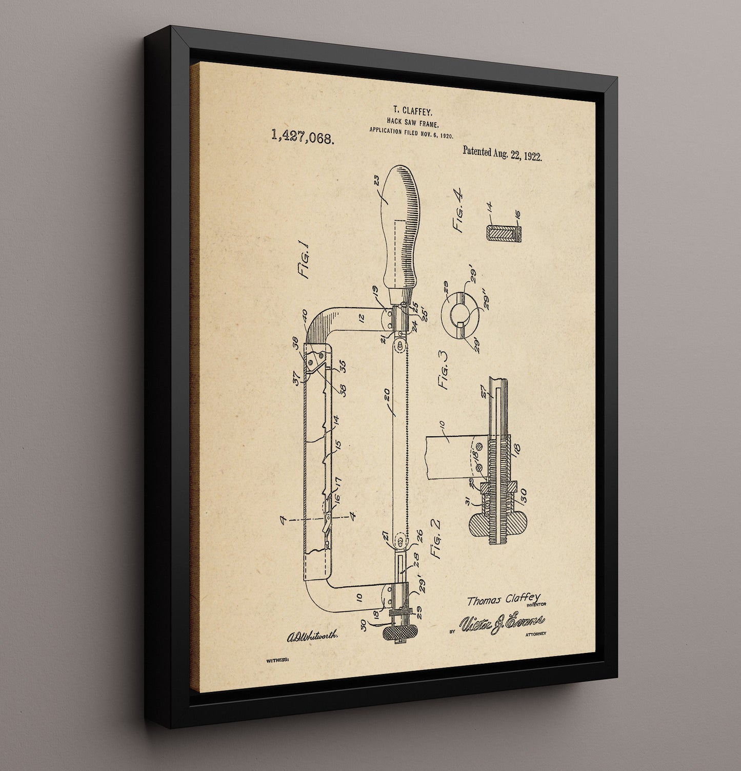 Patent Print - Hack Saw Frame - T. Claffey - 1922 - Patent 1427068 Patent Wall Art
