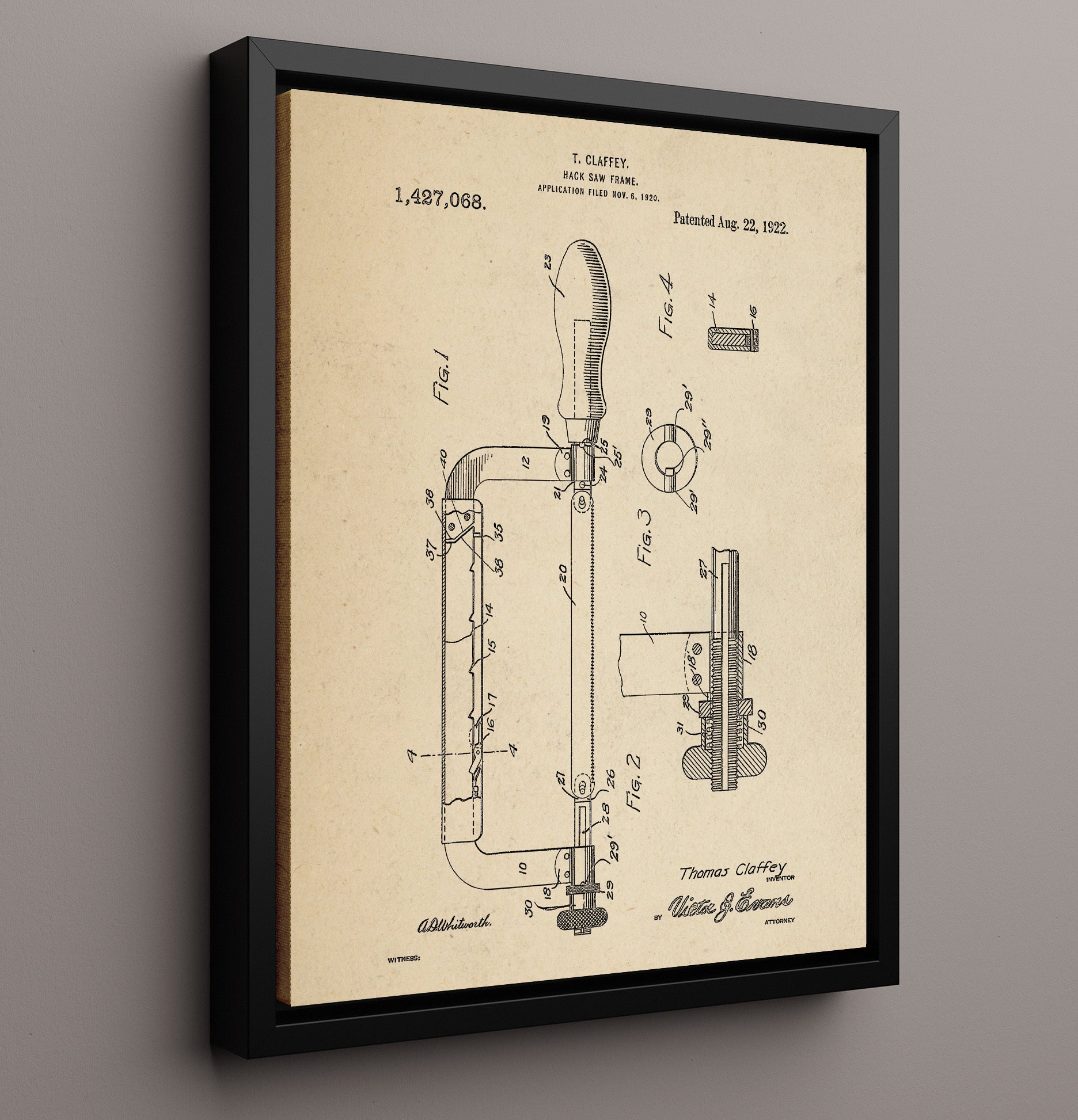Patent Print - Hack Saw Frame - T. Claffey - 1922 - Patent 1427068 Patent Wall Art