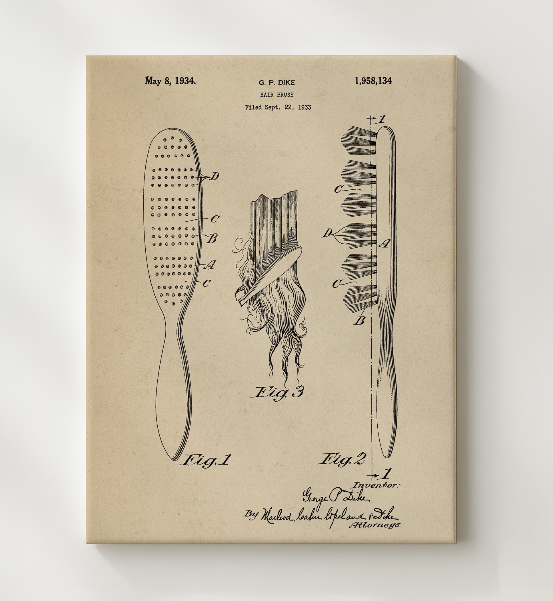 Patent Print - Hair Brush - G. P. Dike - 1934 - Patent 1958134 Patent Wall Art