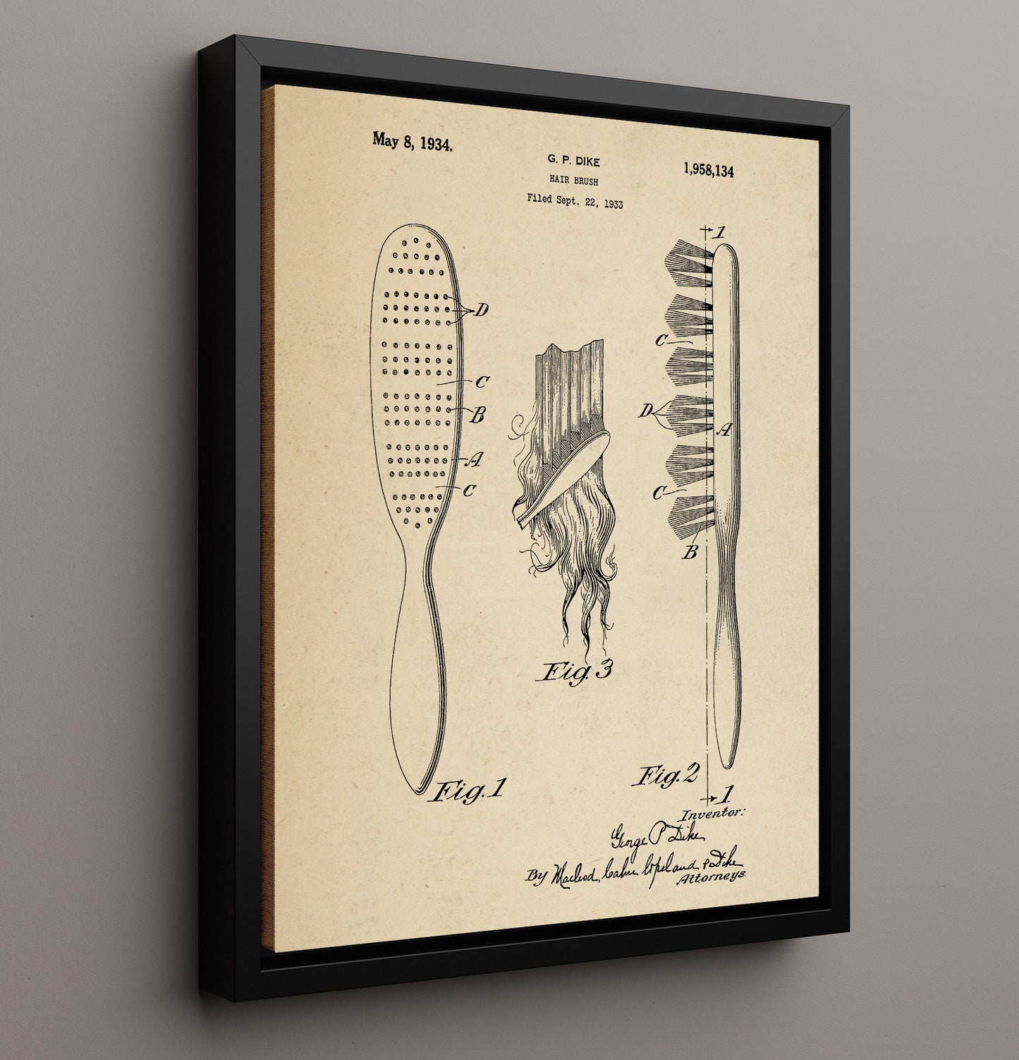 Patent Print - Hair Brush - G. P. Dike - 1934 - Patent 1958134 Patent Wall Art