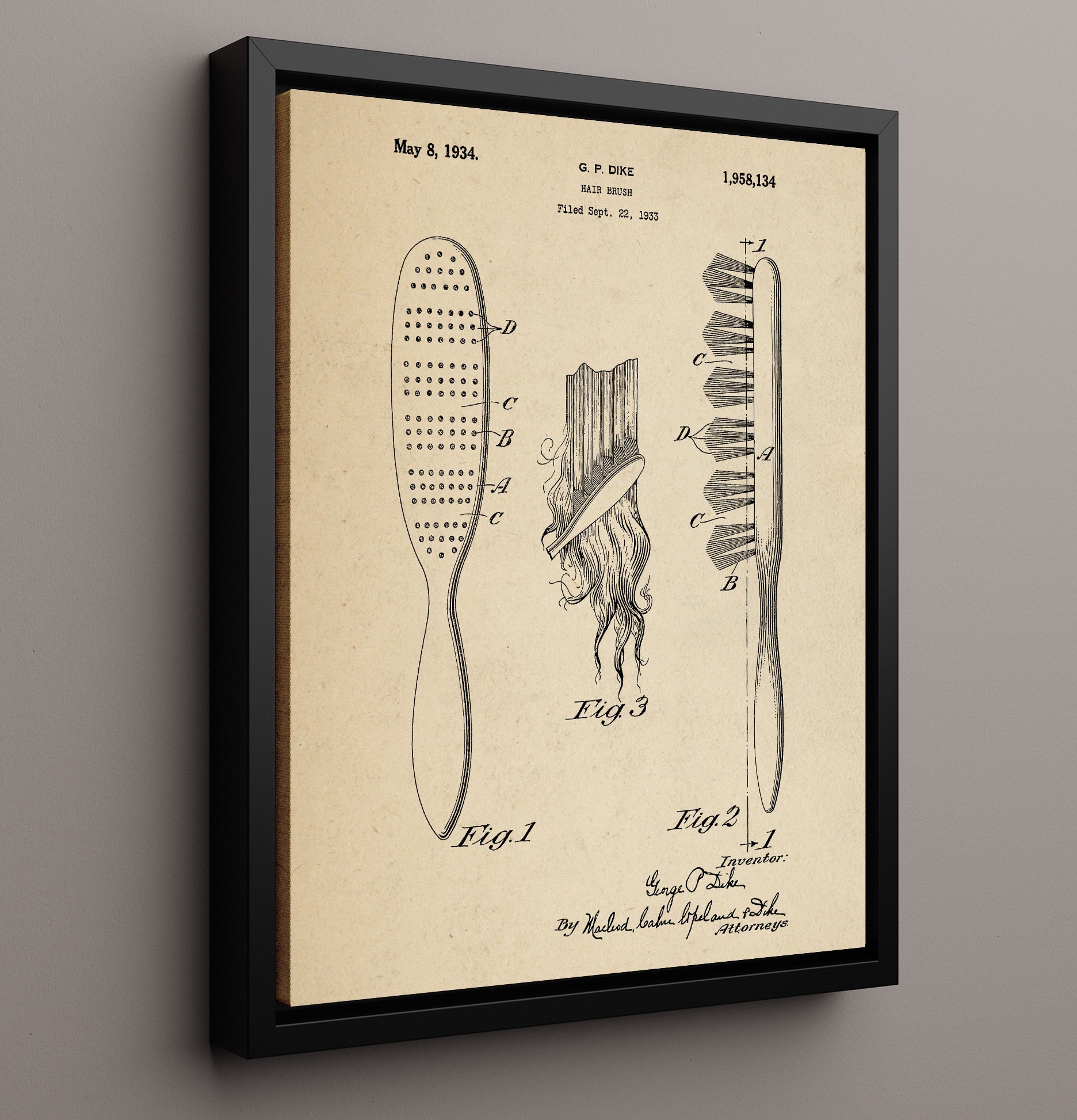 Patent Print - Hair Brush - G. P. Dike - 1934 - Patent 1958134 Patent Wall Art