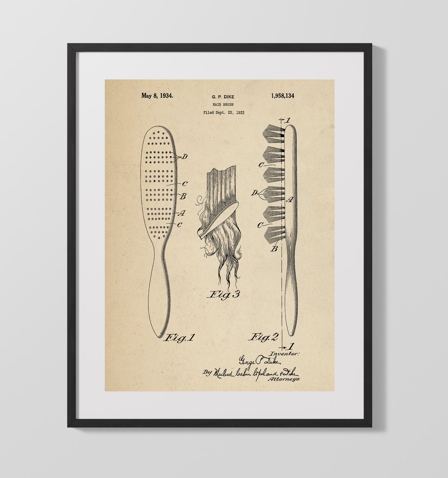 Patent Print - Hair Brush - G. P. Dike - 1934 - Patent 1958134 Patent Wall Art