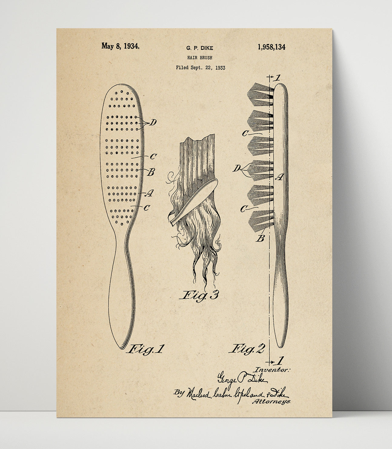 Patent Print - Hair Brush - George P. Dike - 1934 - Patent 1958134 Patent Wall Art