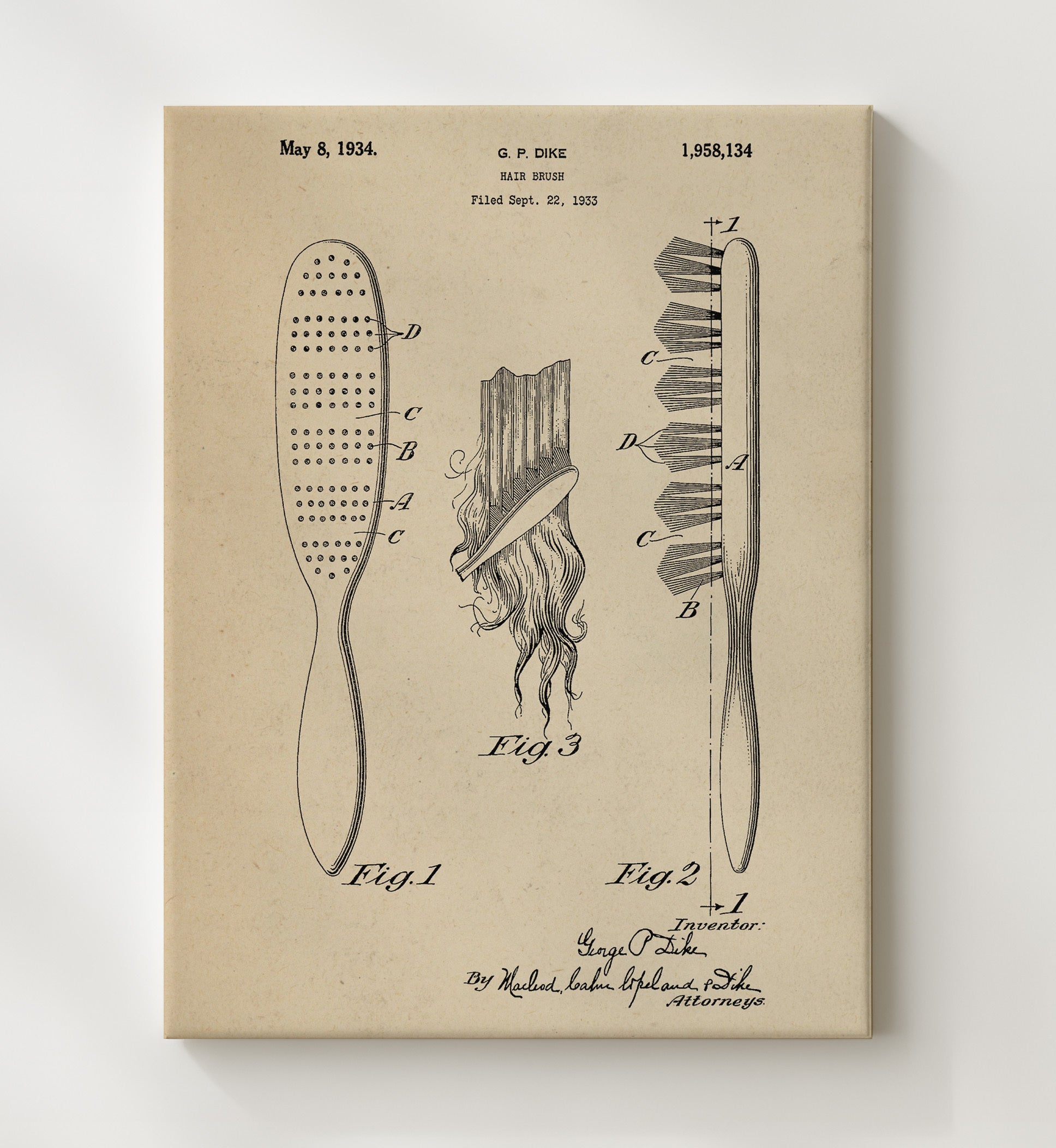 Patent Print - Hair Brush - George P. Dike - 1934 - Patent 1958134 Patent Wall Art