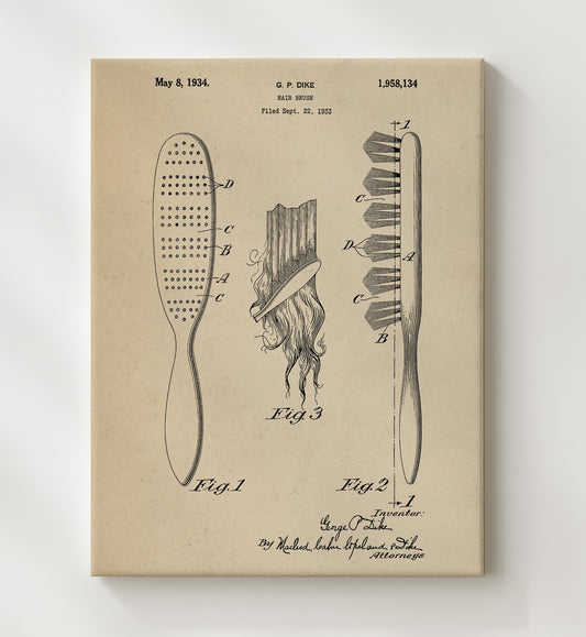 Hair Brush by George P. Dike 1934 patent print wall art 8x10 Canvas