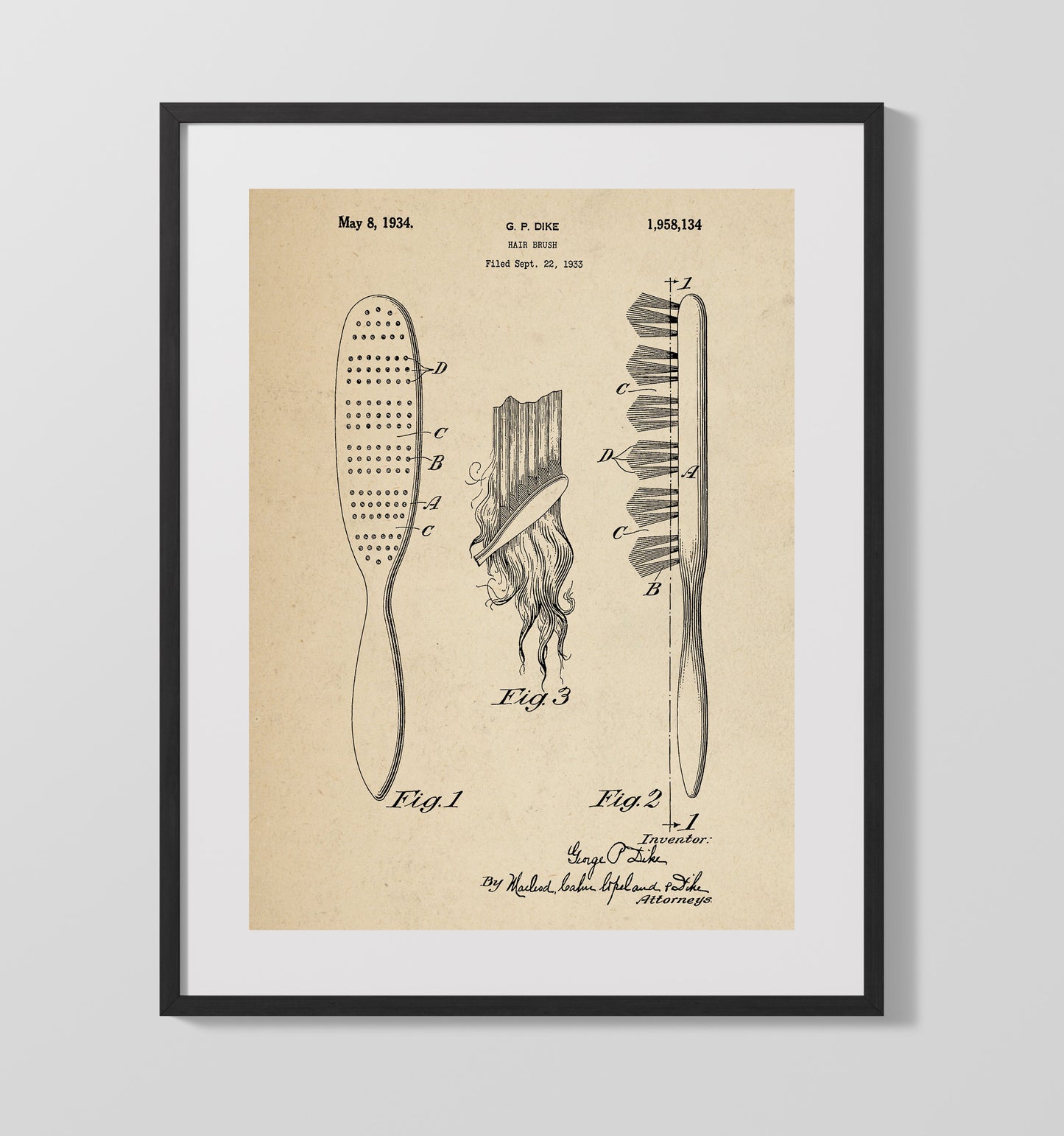 Patent Print - Hair Brush - George P. Dike - 1934 - Patent 1958134 Patent Wall Art