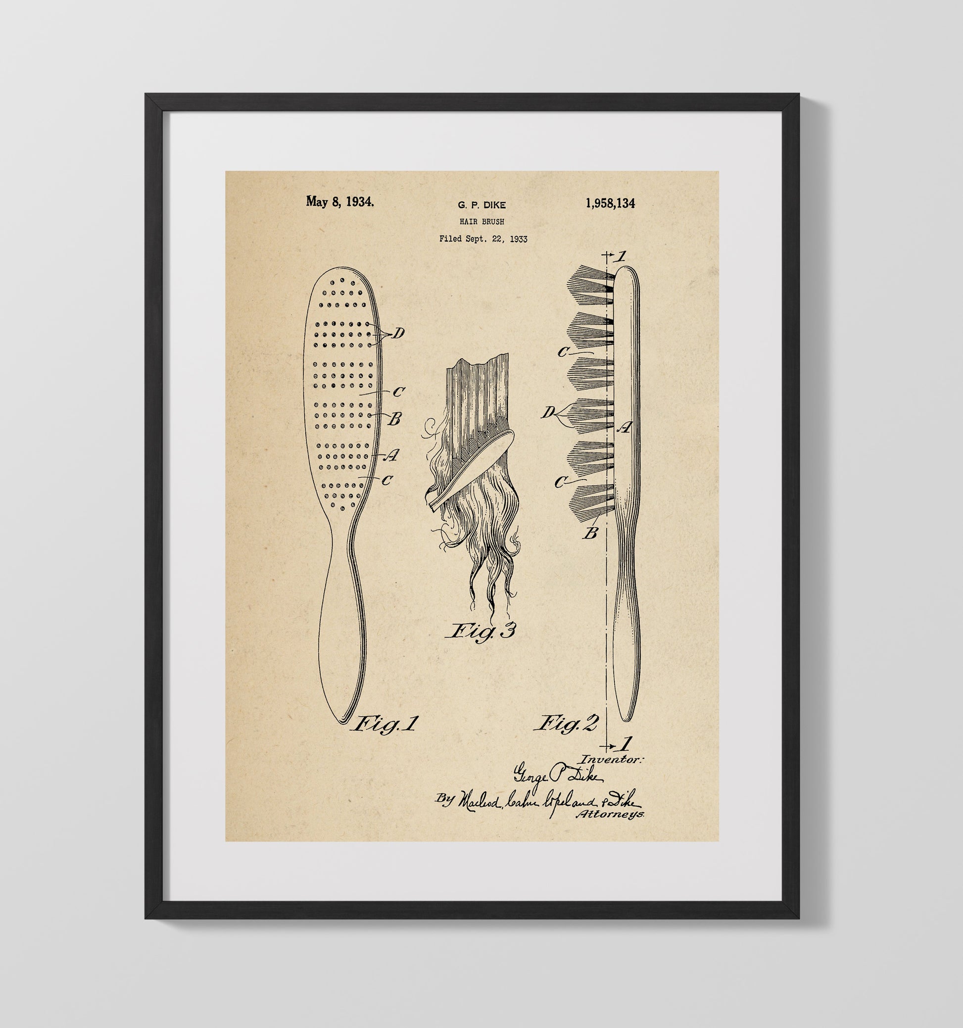 Patent Print - Hair Brush - George P. Dike - 1934 - Patent 1958134 Patent Wall Art