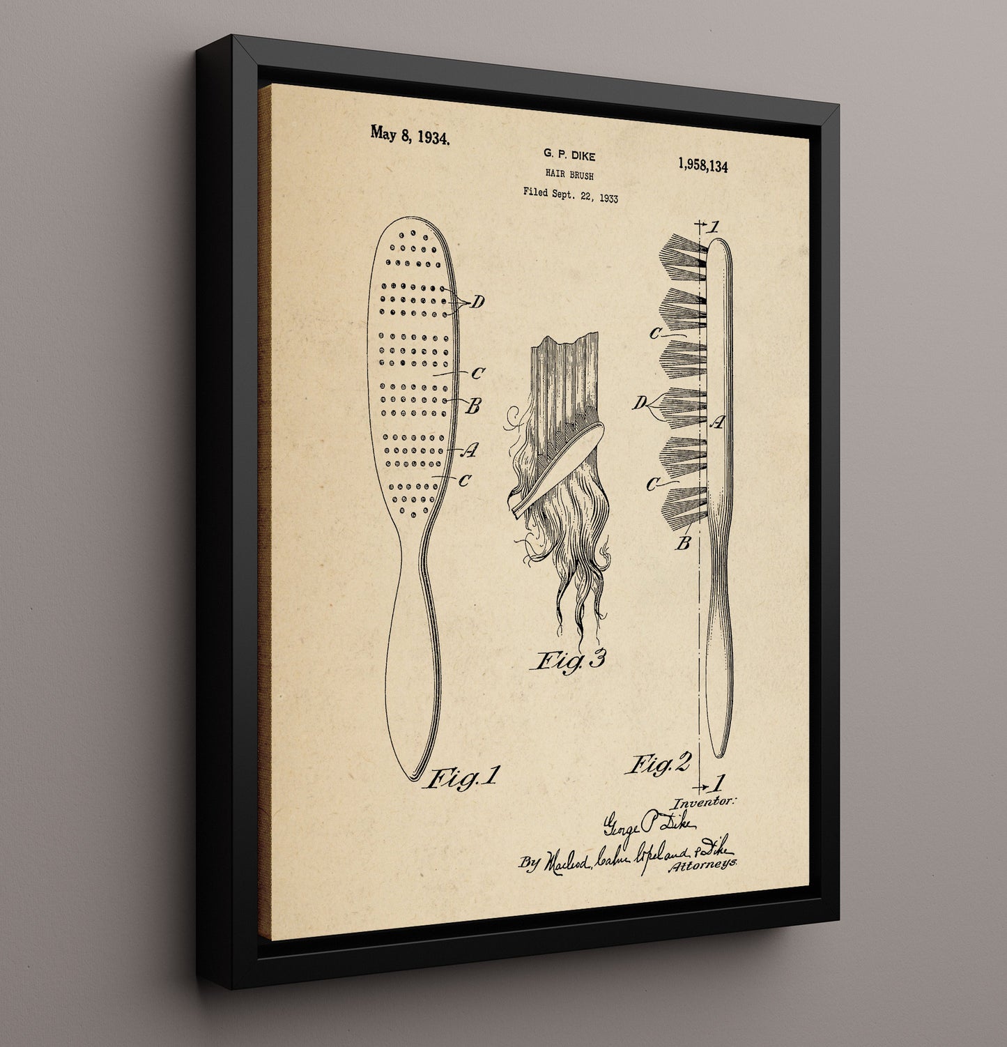 Patent Print - Hair Brush - George P. Dike - 1934 - Patent 1958134 Patent Wall Art