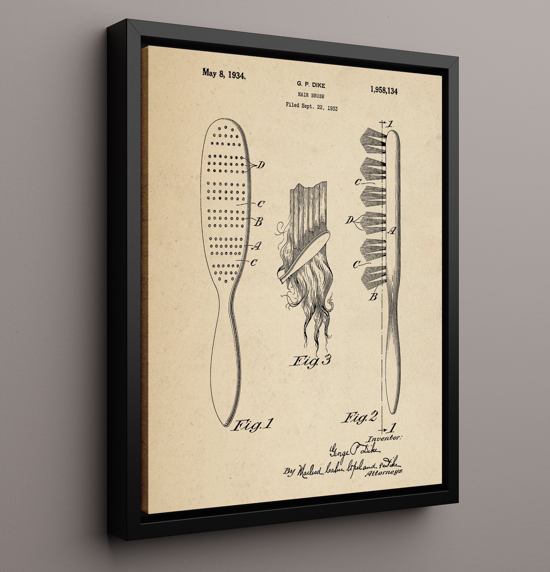 Patent Print - Hair Brush - George P. Dike - 1934 - Patent 1958134 Patent Wall Art