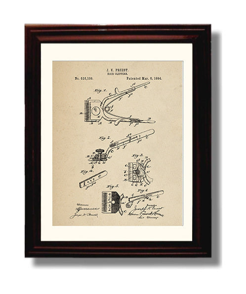 Patent Print - Hair Clippers - J. K. Priest - 1894 - Patent 516109 Patent Wall Art