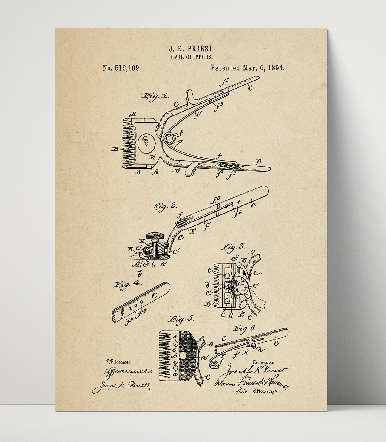 Patent Print - Hair Clippers - J. K. Priest - 1894 - Patent 516109 Patent Wall Art