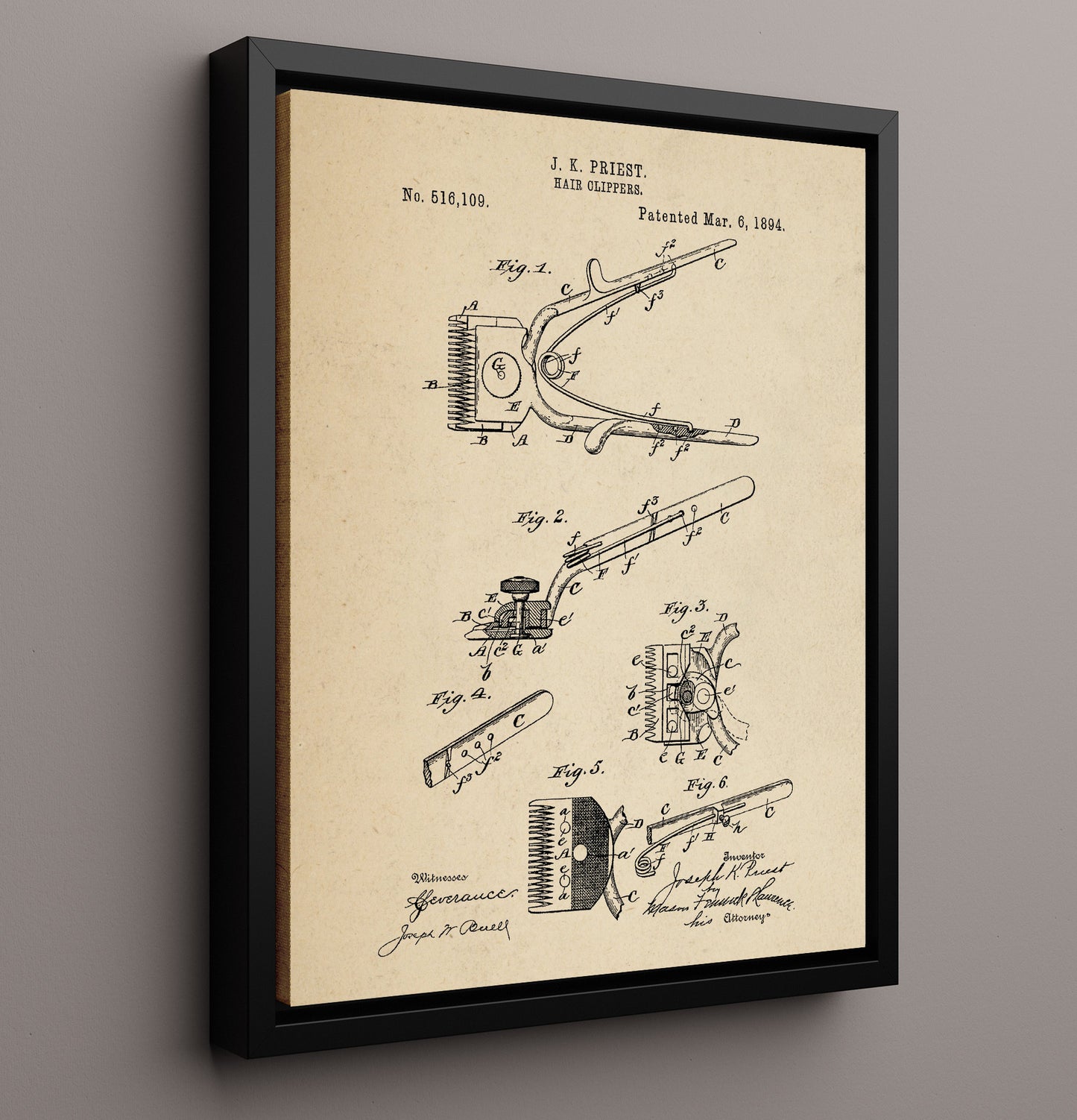 Patent Print - Hair Clippers - J. K. Priest - 1894 - Patent 516109 Patent Wall Art