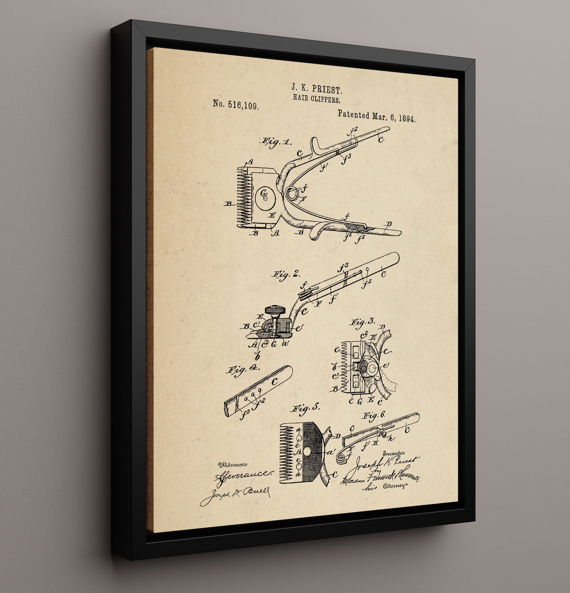 Patent Print - Hair Clippers - J. K. Priest - 1894 - Patent 516109 Patent Wall Art