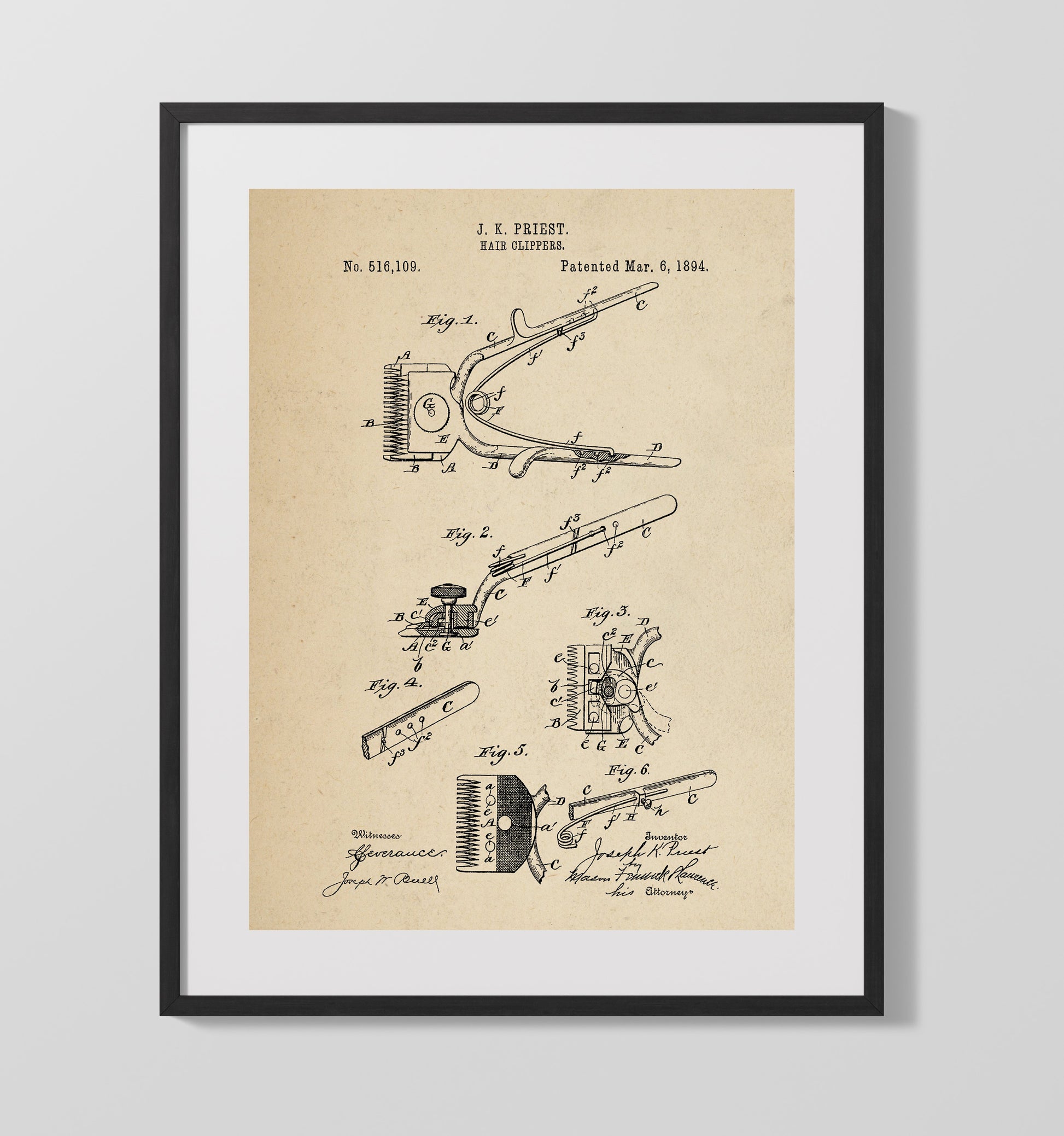 Patent Print - Hair Clippers - J. K. Priest - 1894 - Patent 516109 Patent Wall Art