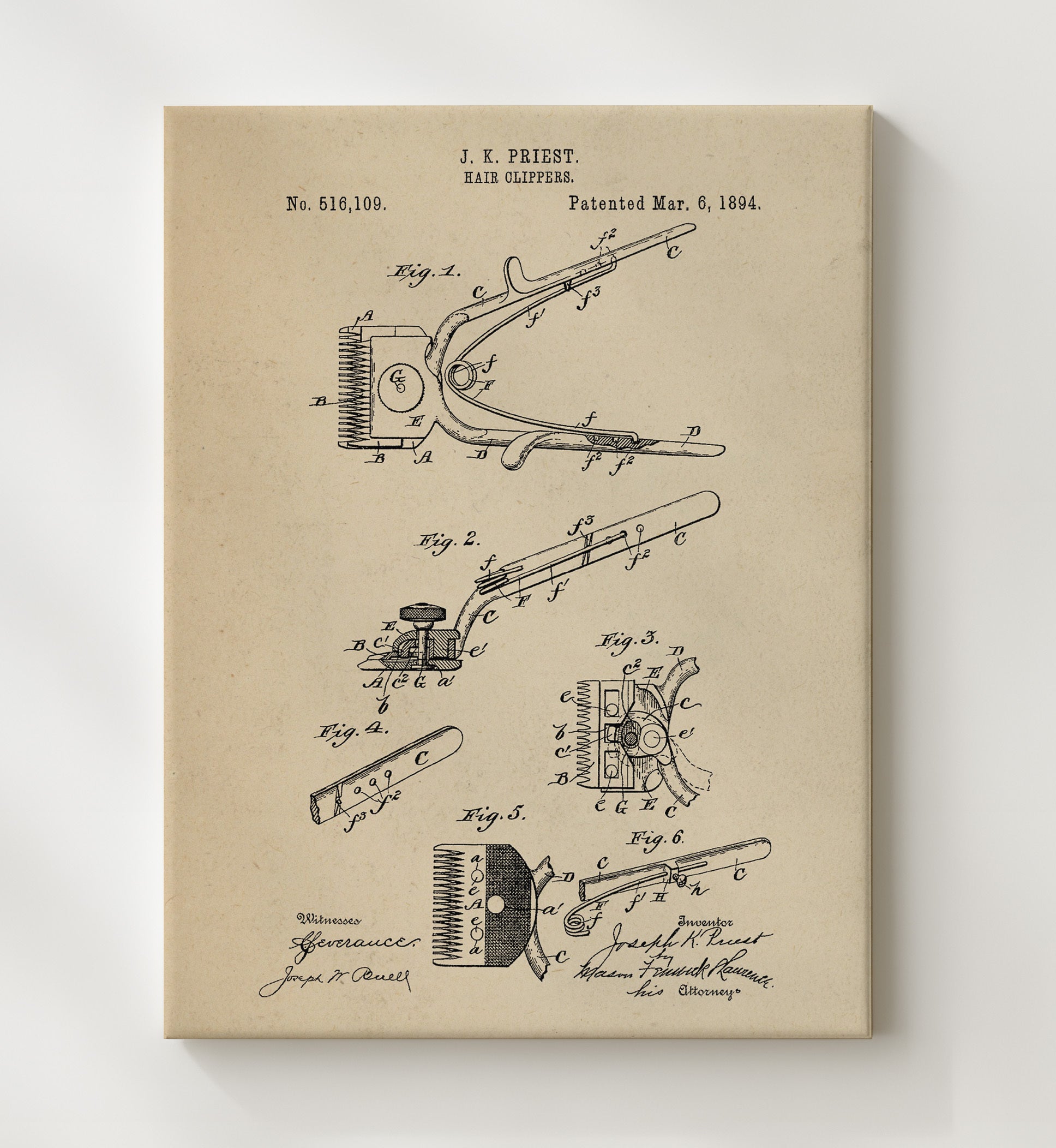 Patent Print - Hair Clippers - J. K. Priest - 1894 - Patent 516109 Patent Wall Art