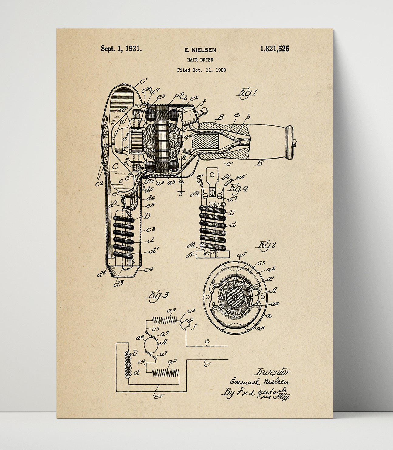 Patent Print - Hair Drier - E. Nielsen - 1931 - Patent 1821525 Patent Wall Art