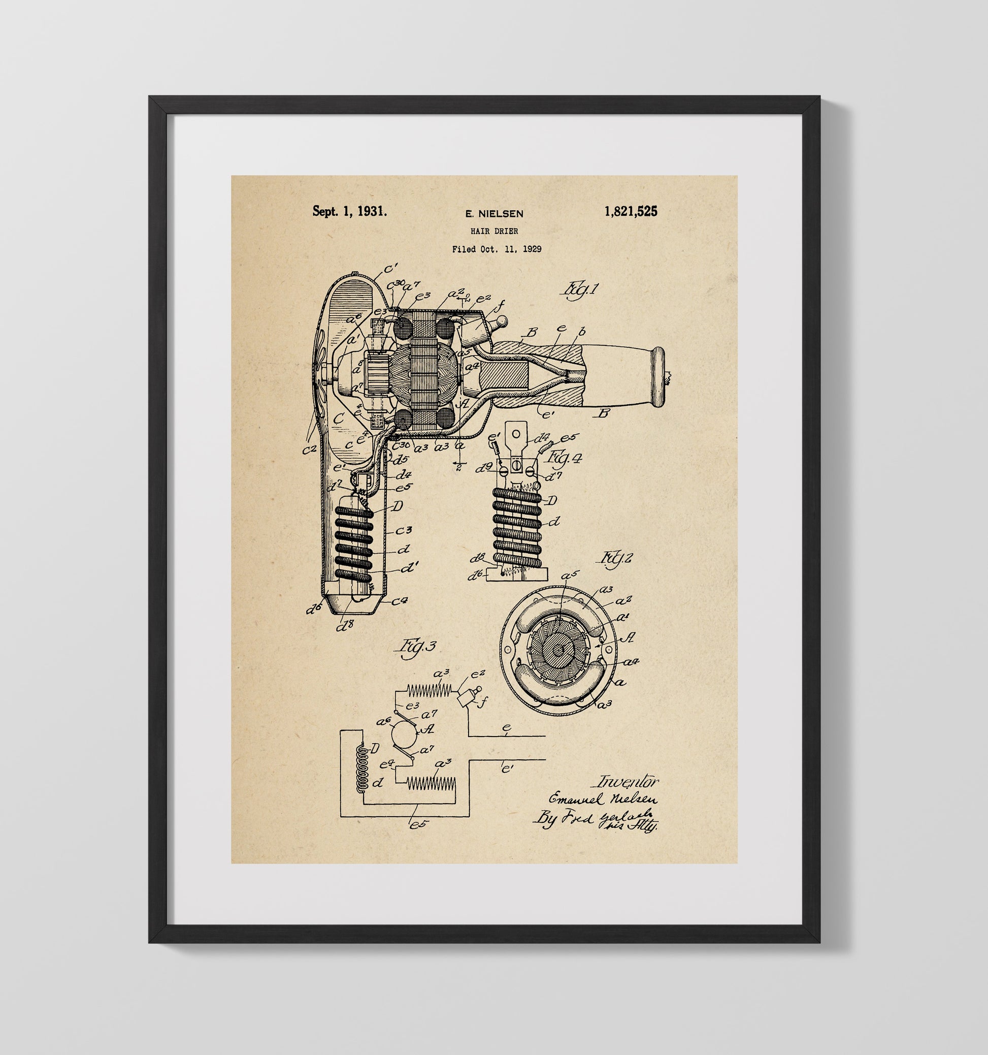 Patent Print - Hair Drier - E. Nielsen - 1931 - Patent 1821525 Patent Wall Art