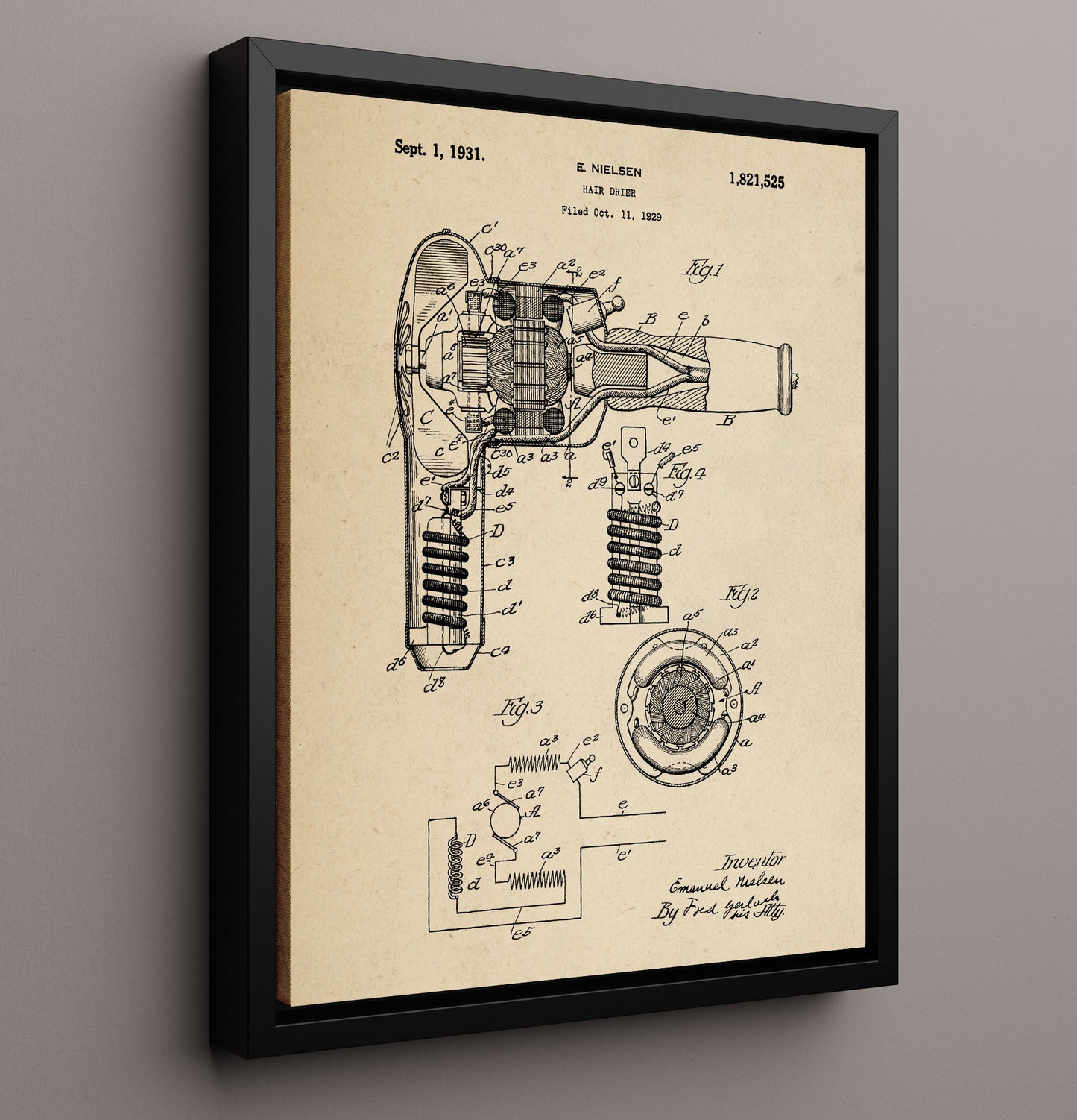 Patent Print - Hair Drier - E. Nielsen - 1931 - Patent 1821525 Patent Wall Art